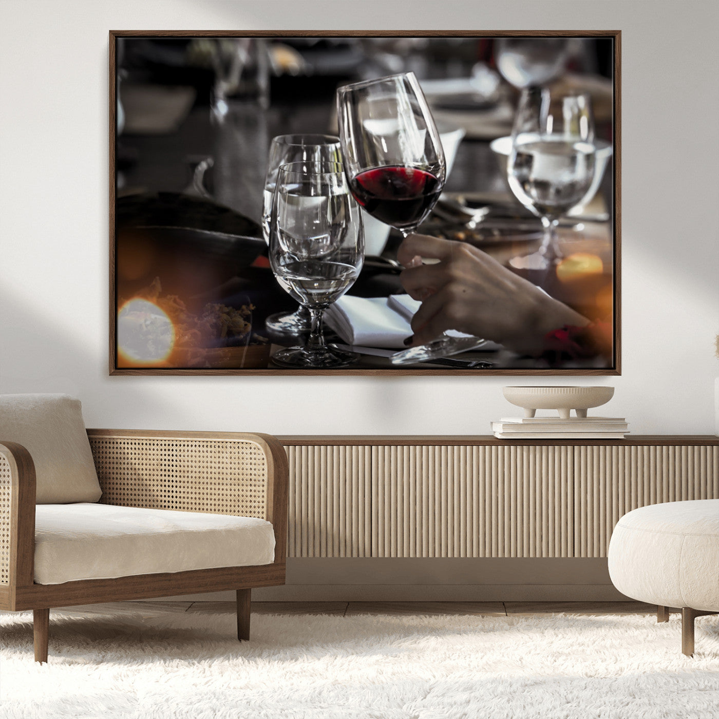 75513-MGV-CV-36X24-Elegant Wine Toast Wall Art – Close-Up Red Wine Glass at Dinner Table Canvas Print, Sophisticated Dining Room or Bar Decor