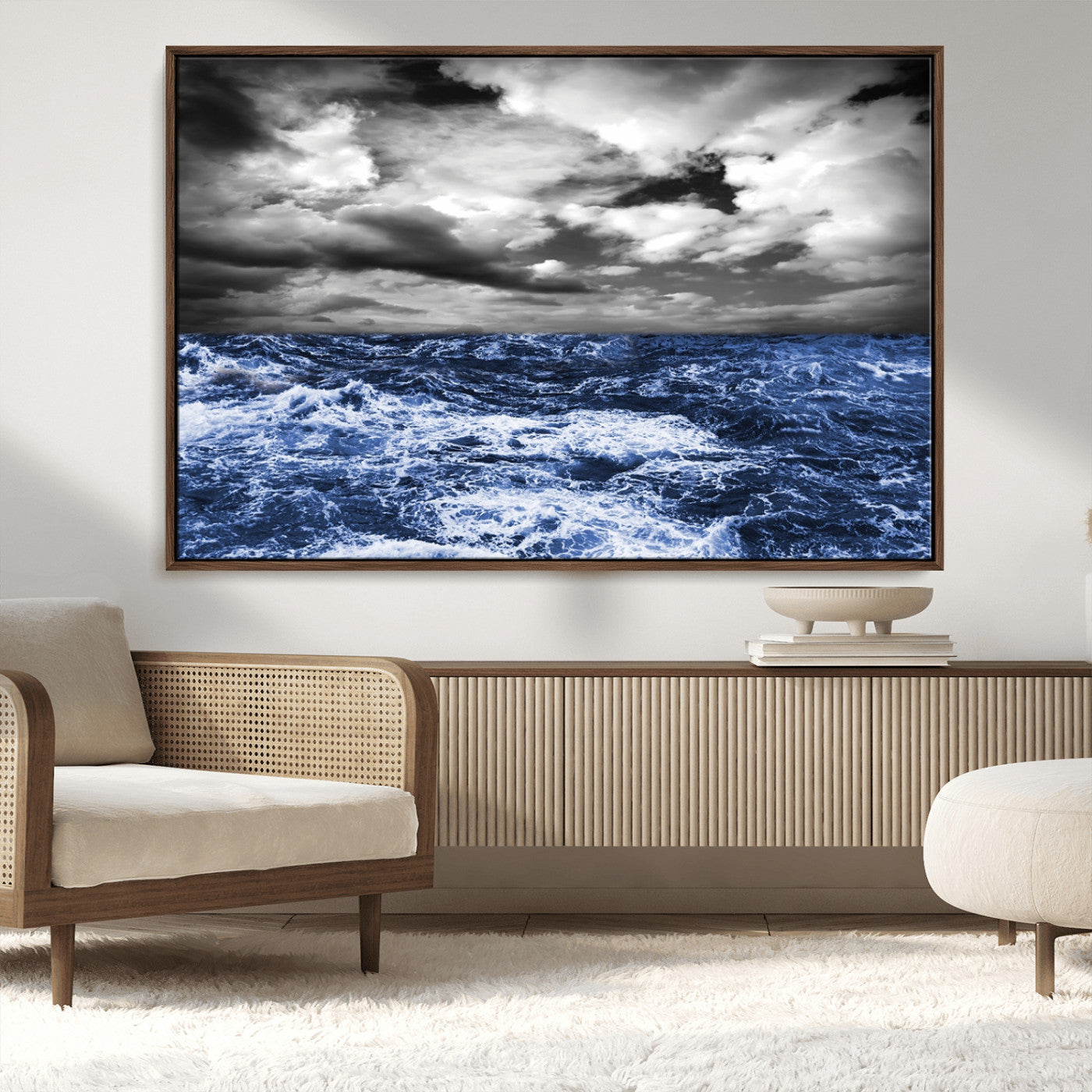 36012-MGV-CV-36X24-Dramatic Stormy Ocean Waves Black and White with Deep Blue Highlights – Moody Seascape Wall Art, Nature Photography Print for Home