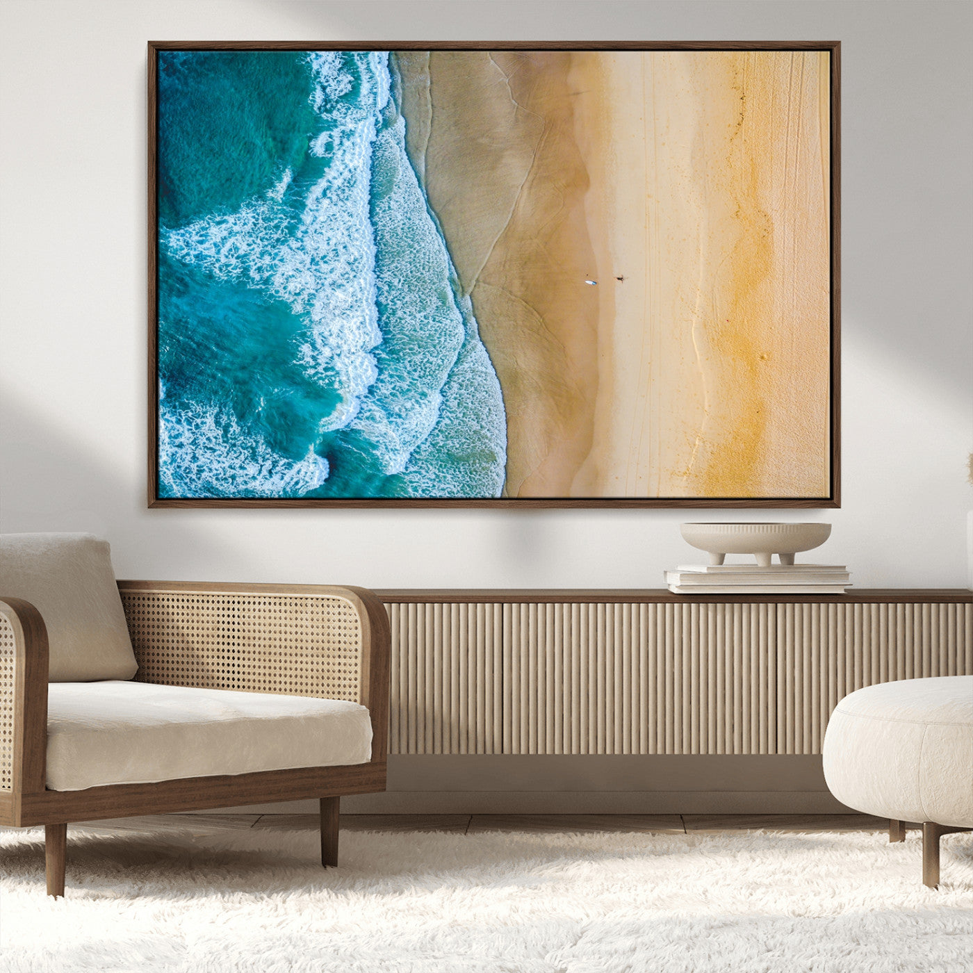 46640-MGV-CV-36X24-Aerial Beach Wall Art – Turquoise Waves and Golden Sand Canvas Print with Lone Surfer, Coastal Ocean Decor for Living Room,