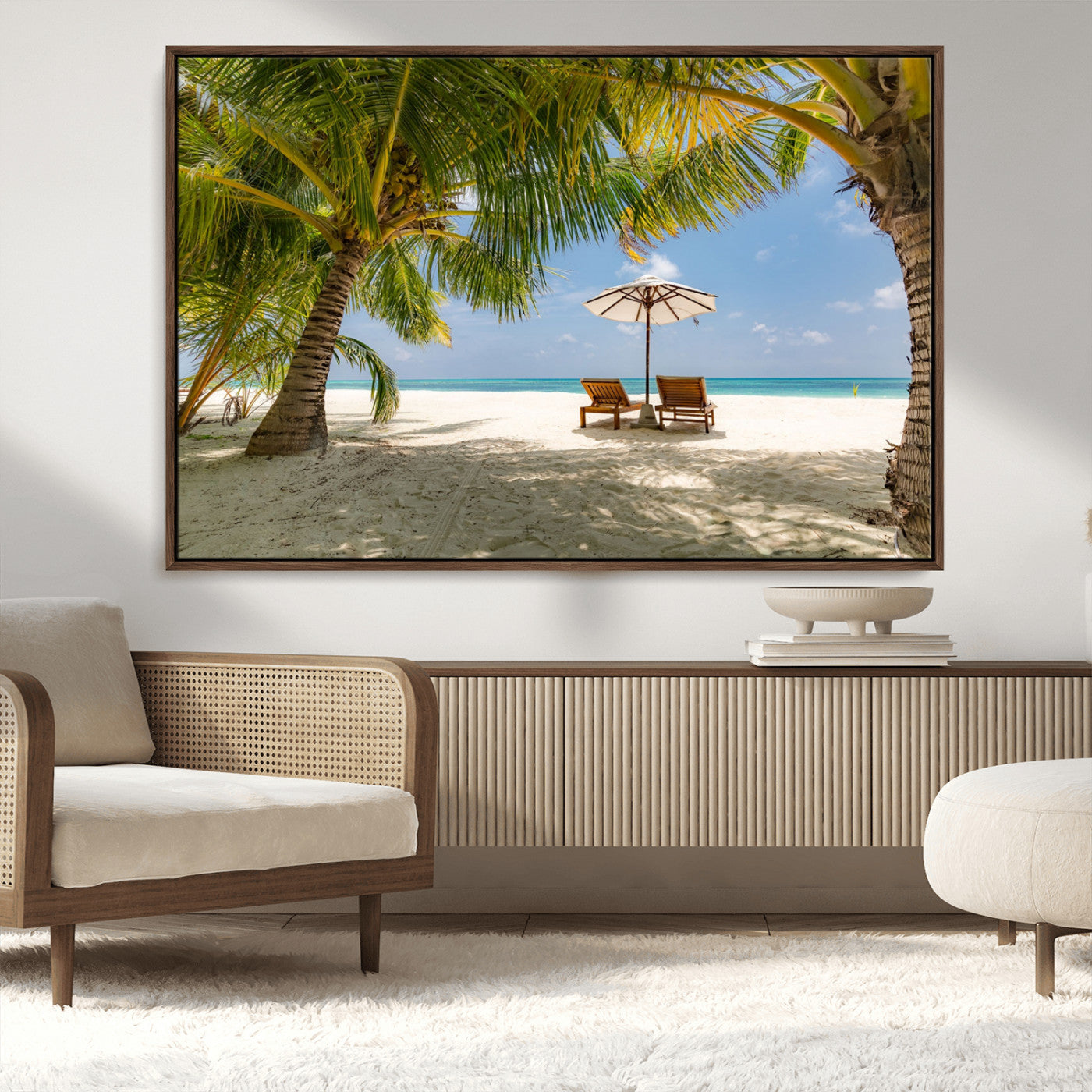 83601-MGV-CV-36X24-Tropical Beach Wall Art – Serene Palm Trees and Lounge Chairs Canvas Print, Relaxing Coastal Decor for Living Room, Bedroom or