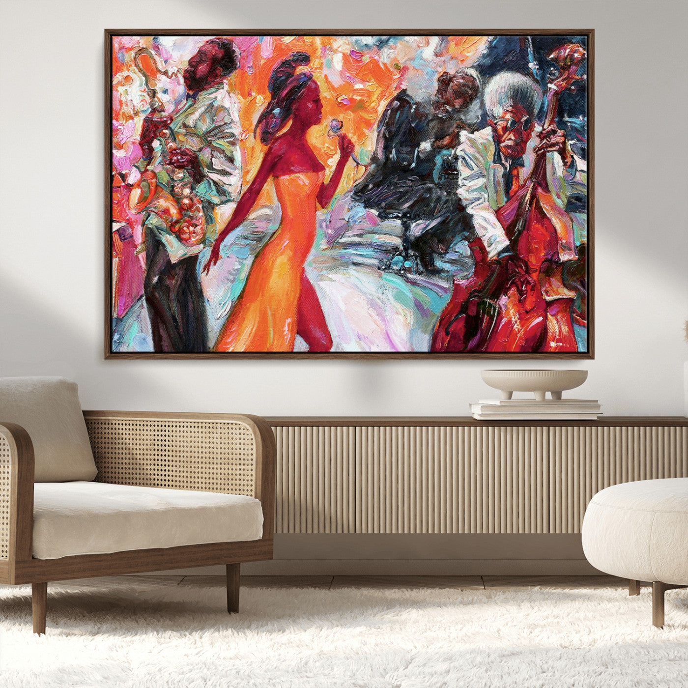 24452-MGV-CV-36X24-Vibrant Jazz Musician Painting - Expressive Art Print of Live Jazz Band, Perfect Wall Decor for Music Lovers and Art Enthusiasts