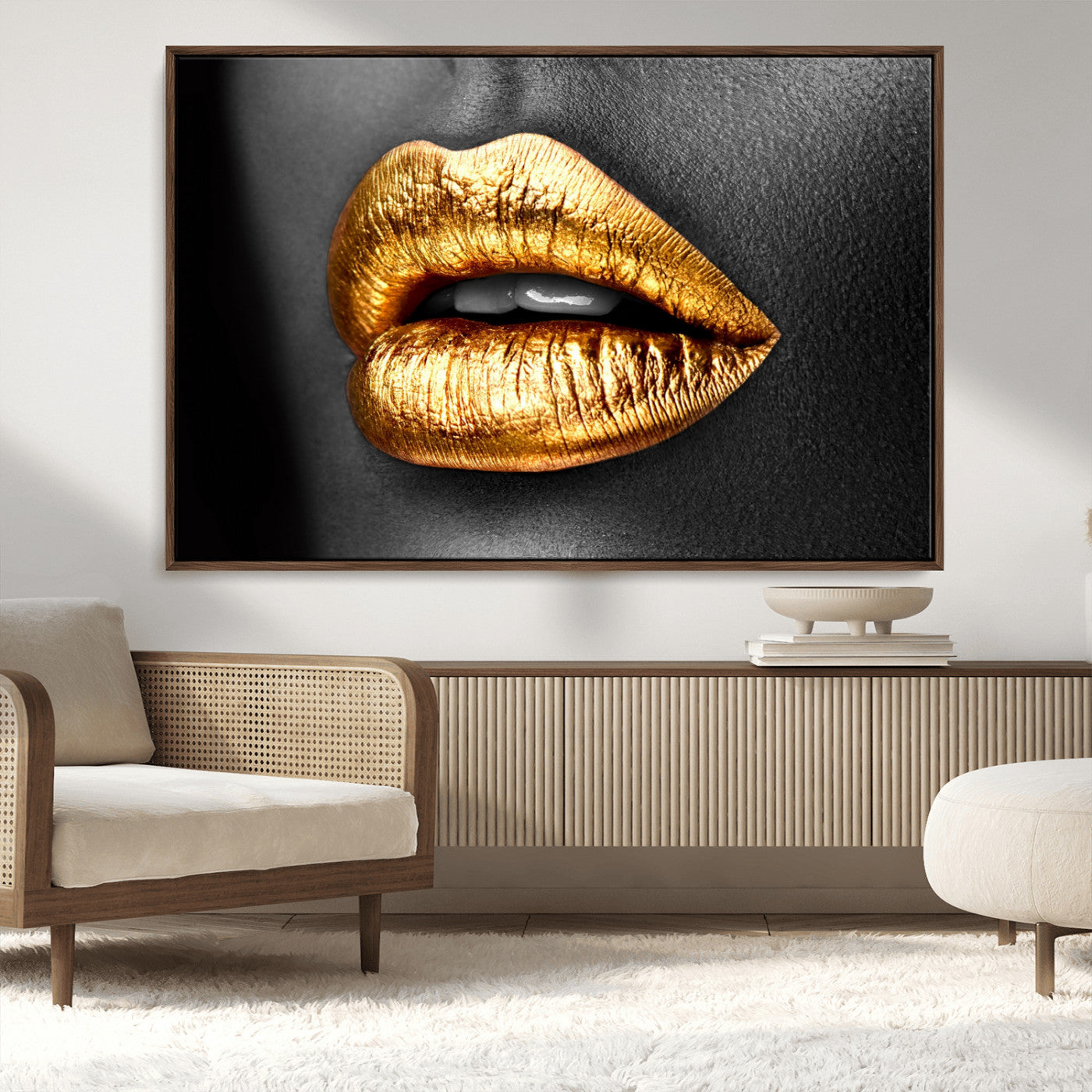 84747-MGV-CV-36X24-Golden Lips Black & White Portrait – Glamorous Metallic Lip Art Print, Modern Wall Decor for Bedroom, Beauty & Fashion Lover Gift