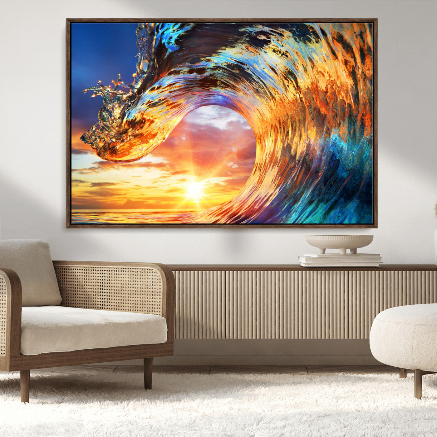52890-MGV-CV-36X24-Surfing Wave Wall Art Canvas Print, Framed Sunset Ocean Art Picture Print, Ocean Wave Perfect Nautical Decor Artwork