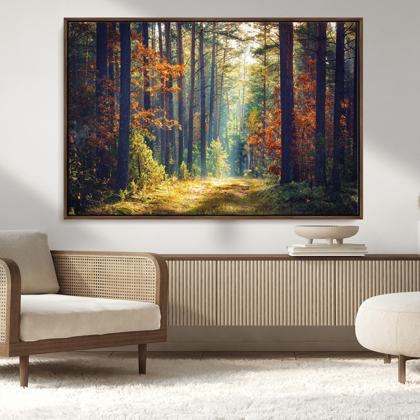 86249-MGV-CV-36X24-Sunlit Autumn Forest Path Wall Art – Peaceful Nature Scene with Fall Foliage, Calming Woods Decor for Home or Office