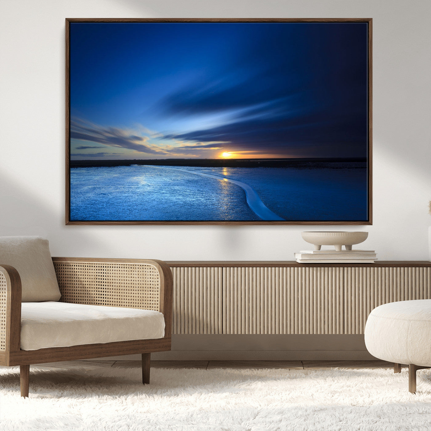 65405-MGV-CV-36X24-Blue Sunrise Seascape Wall Art – Tranquil Ocean Horizon Canvas Print with Golden Sunlight and Deep Sky, Coastal Landscape Decor