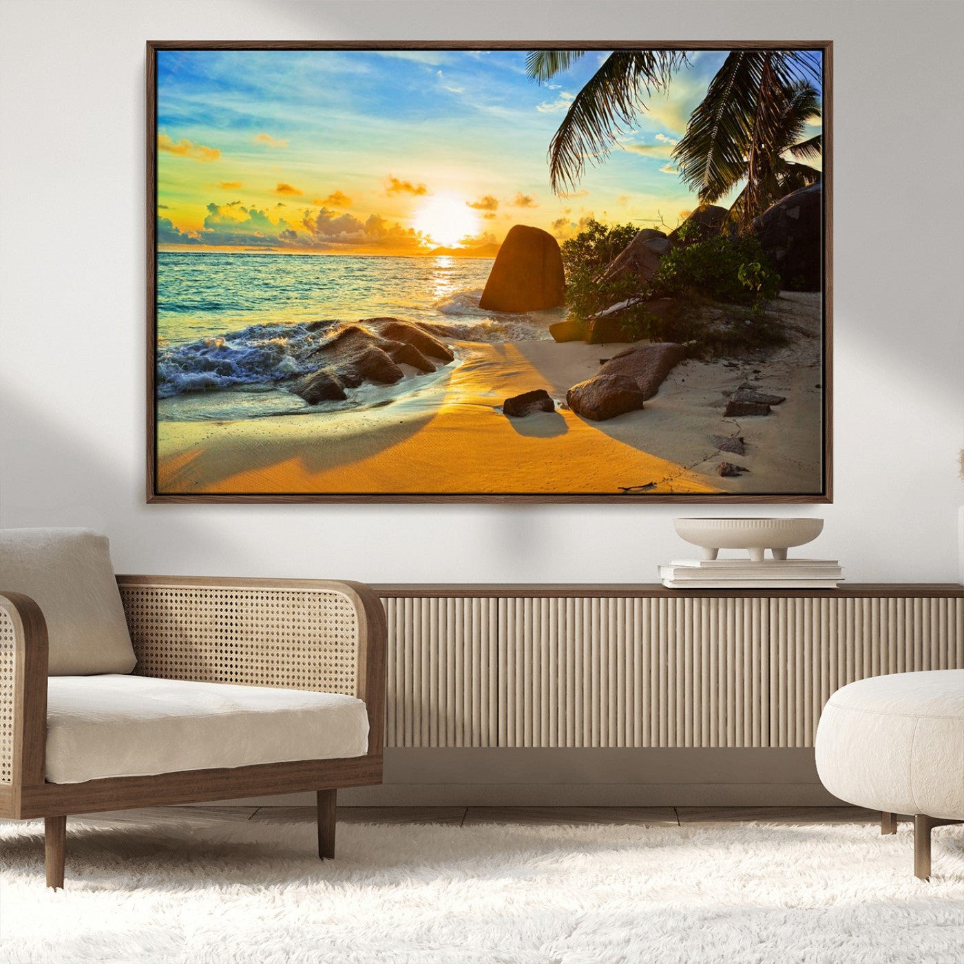 26181-MGV-CV-36X24-Golden Tropical Sunset Beach Wall Art – Ocean Canvas Print with Palm Trees and Rocks, Coastal Paradise Decor for Living Room or