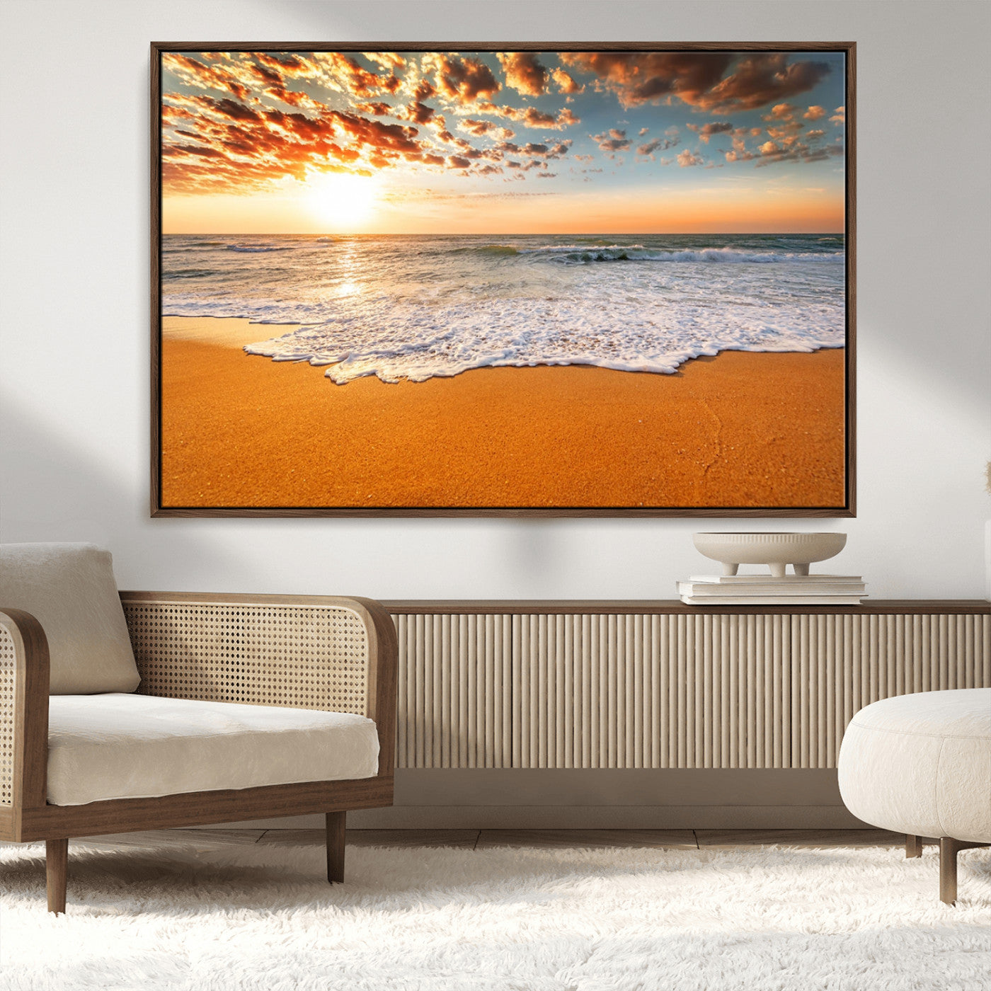 15399-MGV-CV-36X24-Golden Sunrise Beach Wall Art – Ocean Waves on Sandy Shore Canvas Print, Coastal Seascape Decor for Living Room or Bedroom