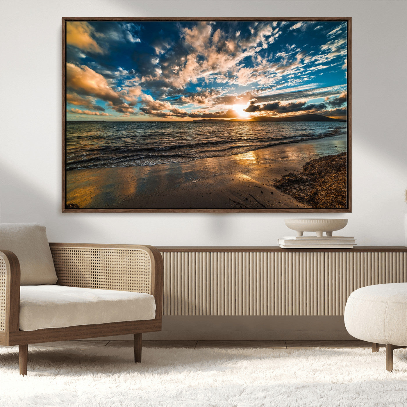 27977-MGV-CV-36X24-Golden Sunset Beach Wall Art – Dramatic Ocean Waves and Colorful Sky Canvas Print, Coastal Landscape Decor for Living Room,