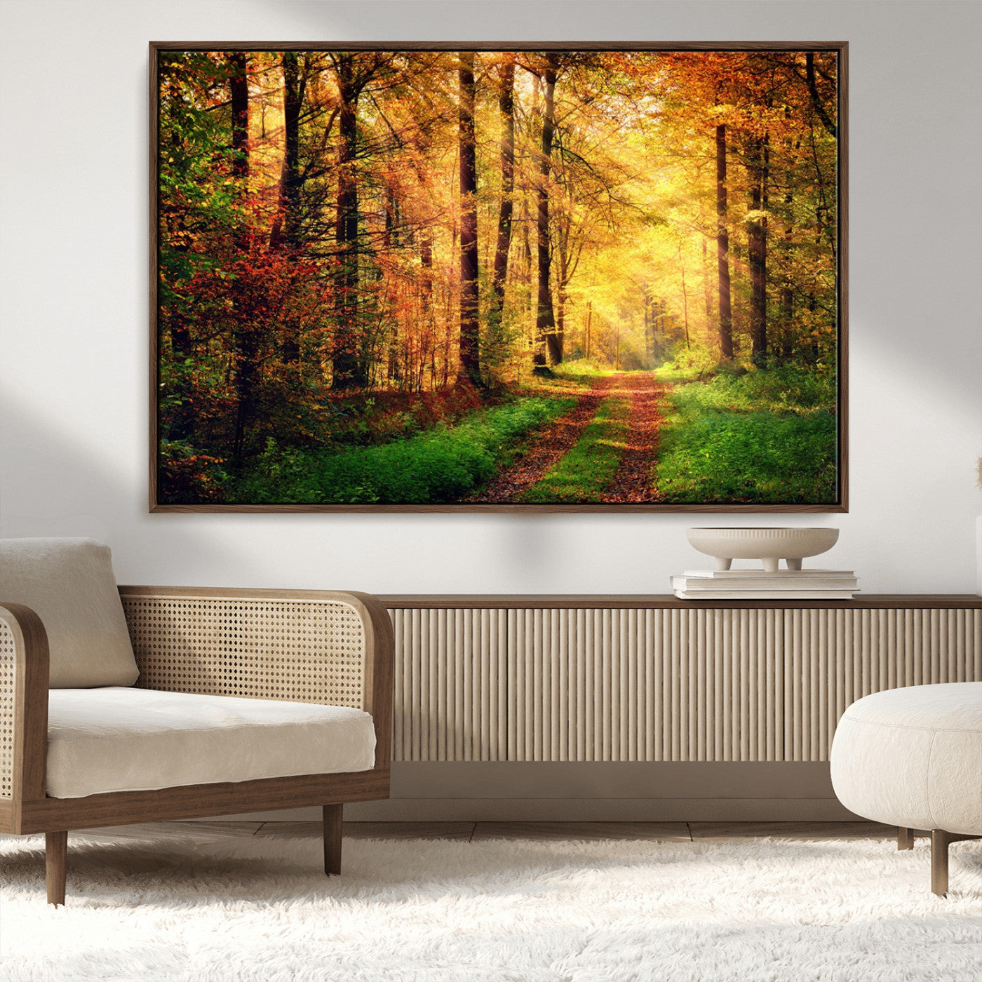 73494-MGV-CV-36X24-Golden Autumn Forest Path Wall Art – Sunlit Woodland Canvas Print, Fall Nature Landscape Home Decoration