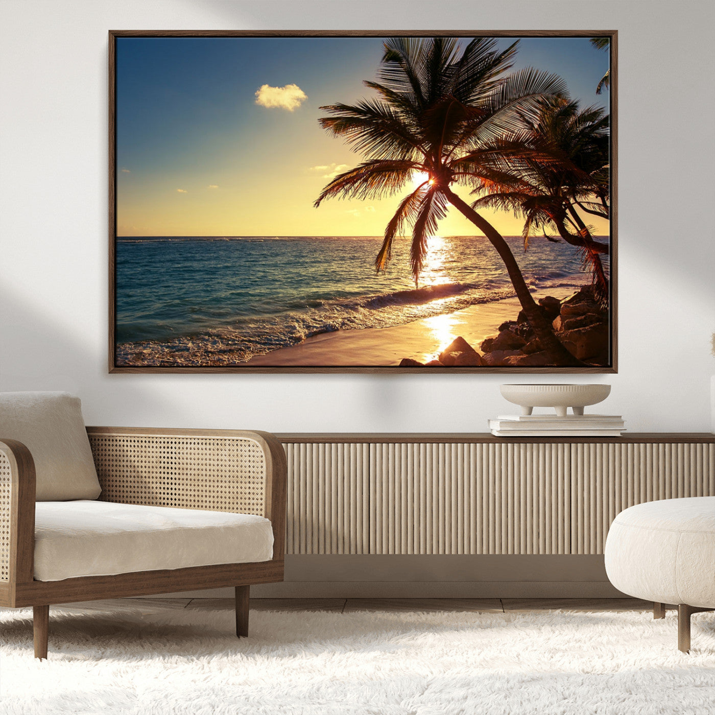 82710-MGV-CV-36X24-Palm Tree Sunset Beach Wall Art – Tropical Ocean Canvas Print, Coastal Paradise Seascape Decor for Living Room or Office Wall