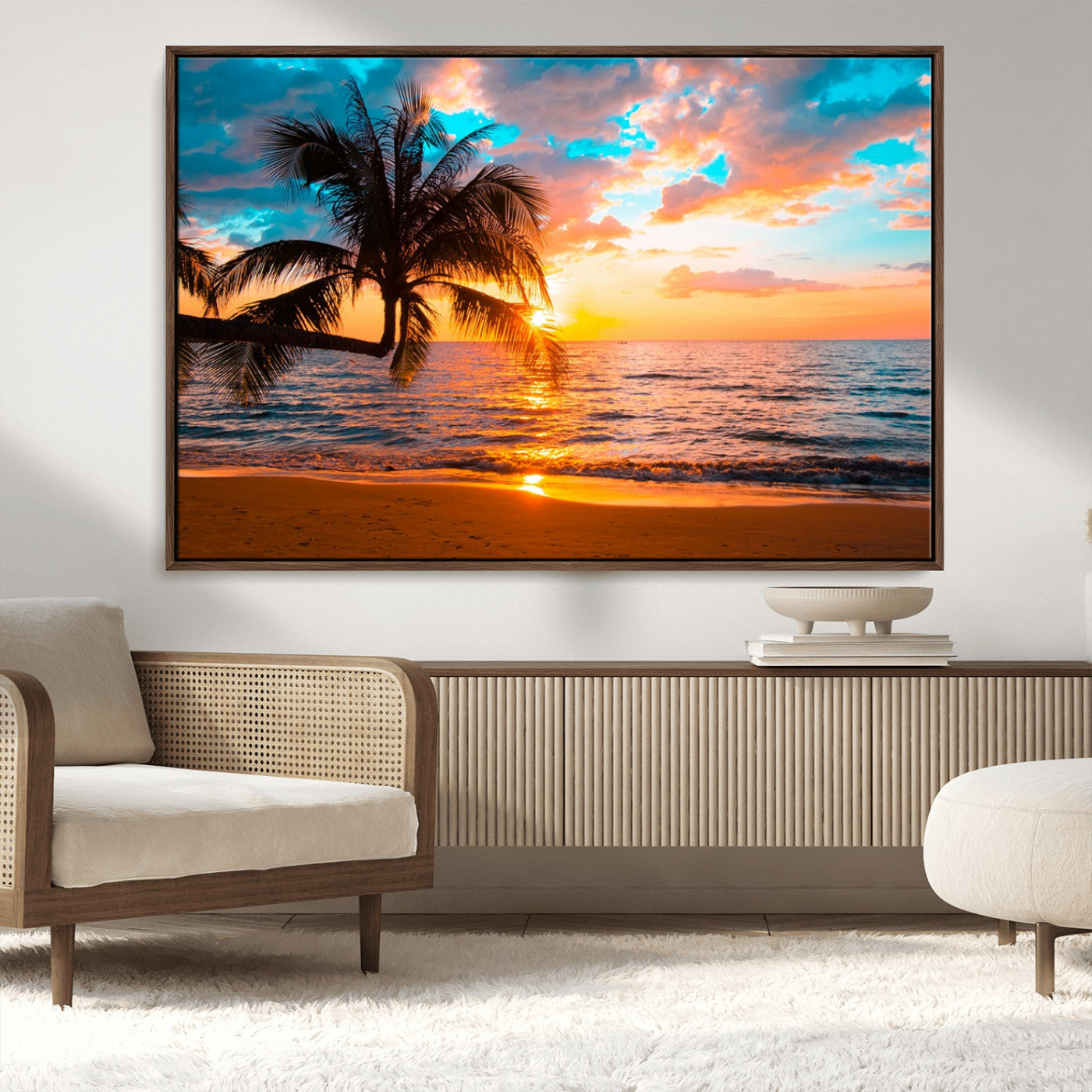 34674-MGV-CV-36X24-Tropical Sunset Beach Wall Art – Palm Tree Ocean Canvas Print, Coastal Seascape Decor for Living Room or Office Wall