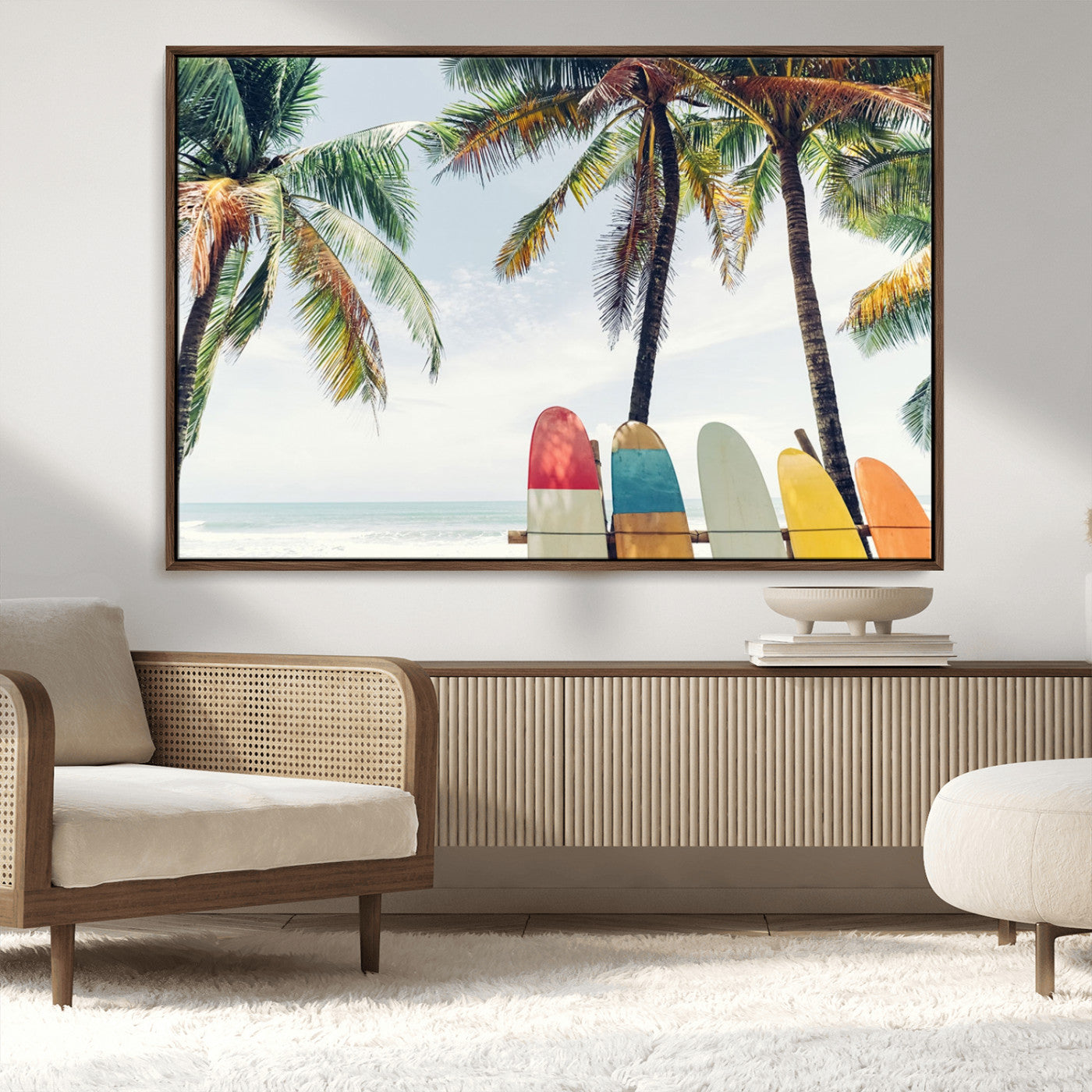 76171-MGV-CV-36X24-Surfboard Wall Art – Tropical Palm Tree and Colorful Surfboards Beach Canvas Print, Coastal Summer Decor for Living Room, Office