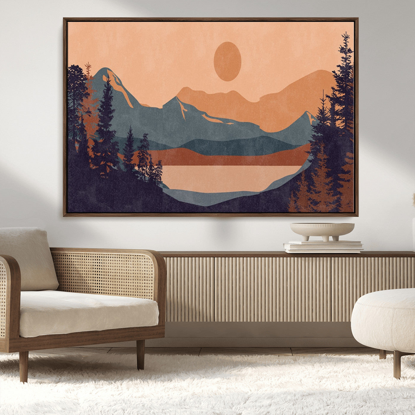62795-MGV-CV-36X24-Minimalist Mountain Landscape Wall Art – Abstract Sunset Over Peaks and Pine Trees Canvas Print, Modern Nature Decor for Living