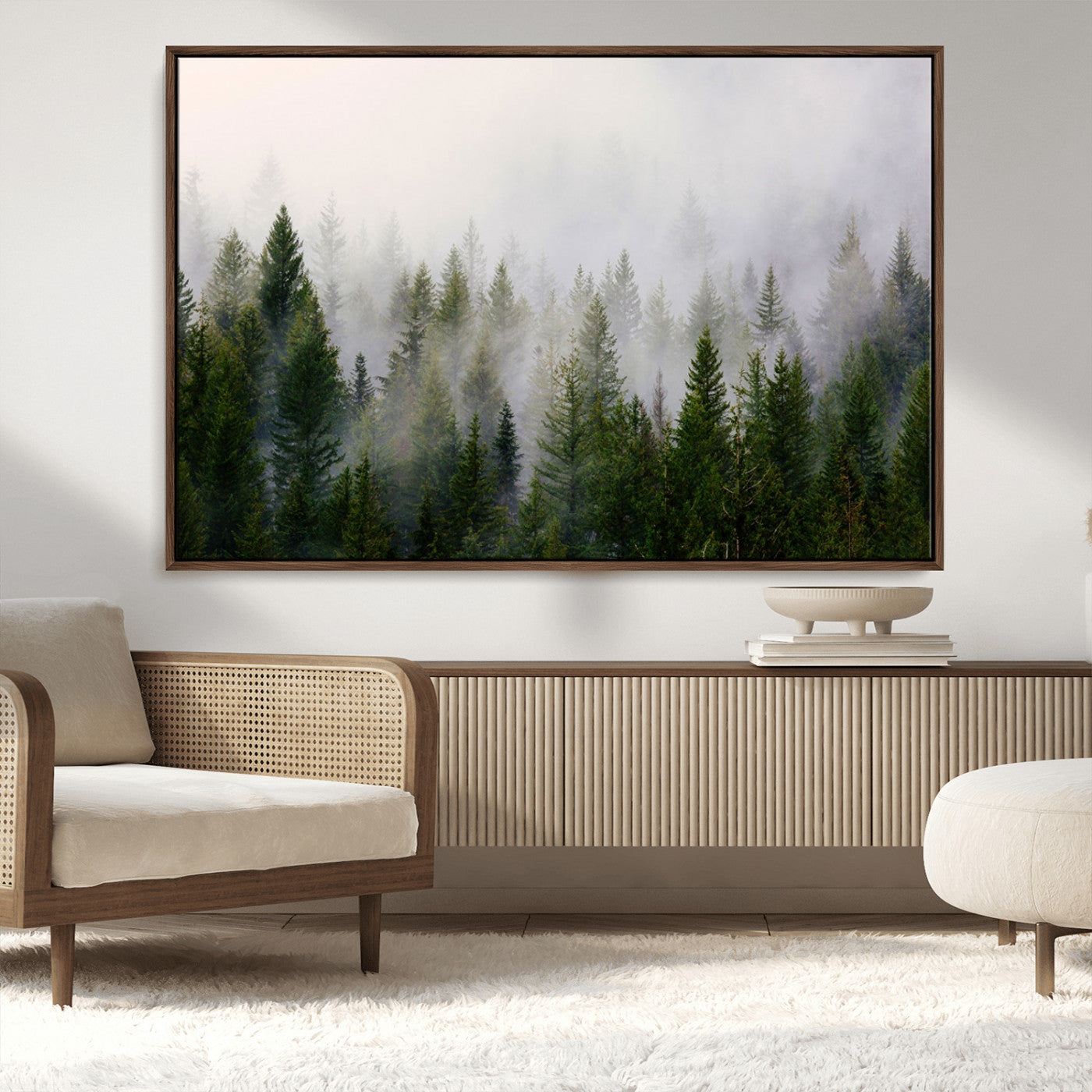 11436-MGV-CV-36X24-Misty Forest Wall Art – Tranquil Evergreen Tree Canvas Print with Foggy Landscape, Nature Inspired Artwork for Bedroom, Living