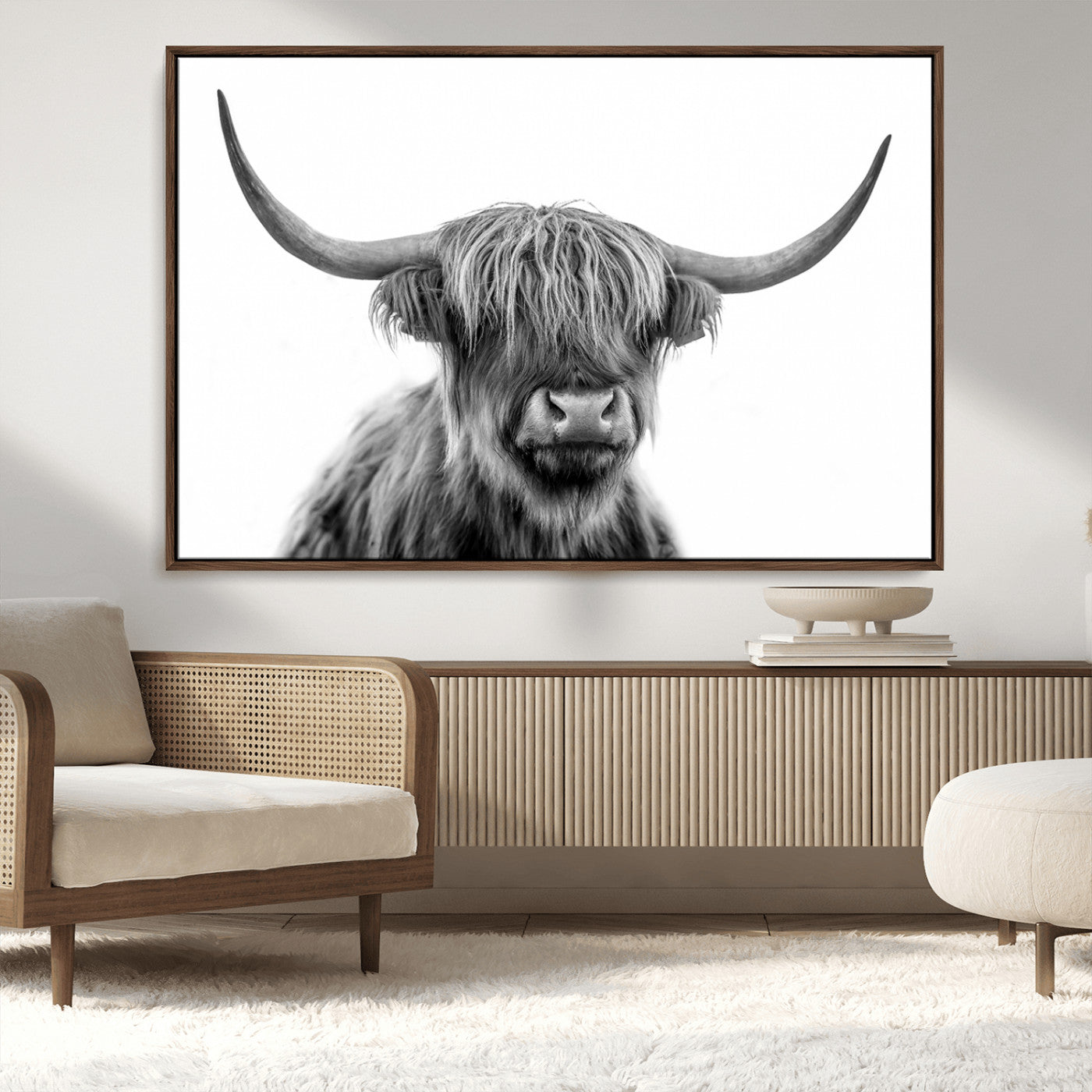 10123-MGV-CV-36X24-Black and White Highland Cow Wall Art – Modern Farmhouse Animal Print, Rustic Scottish Bull Canvas Decor for Living Room, Bedroom,