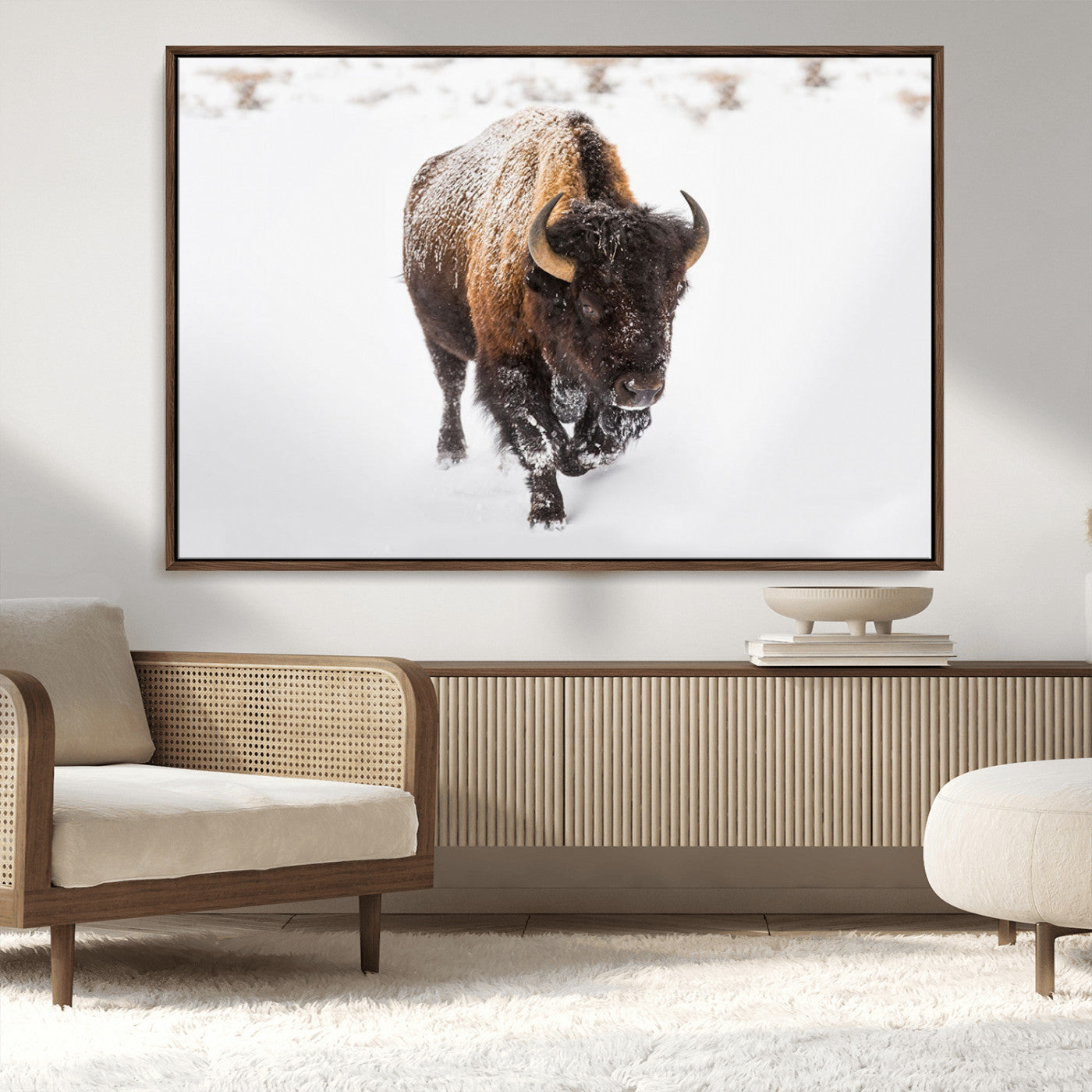 19889-MGV-CV-36X24-Snow Bison Wall Art – Majestic Buffalo Winter Landscape Canvas Print, Rustic Wildlife Photography Decor for Cabin, Lodge, Living