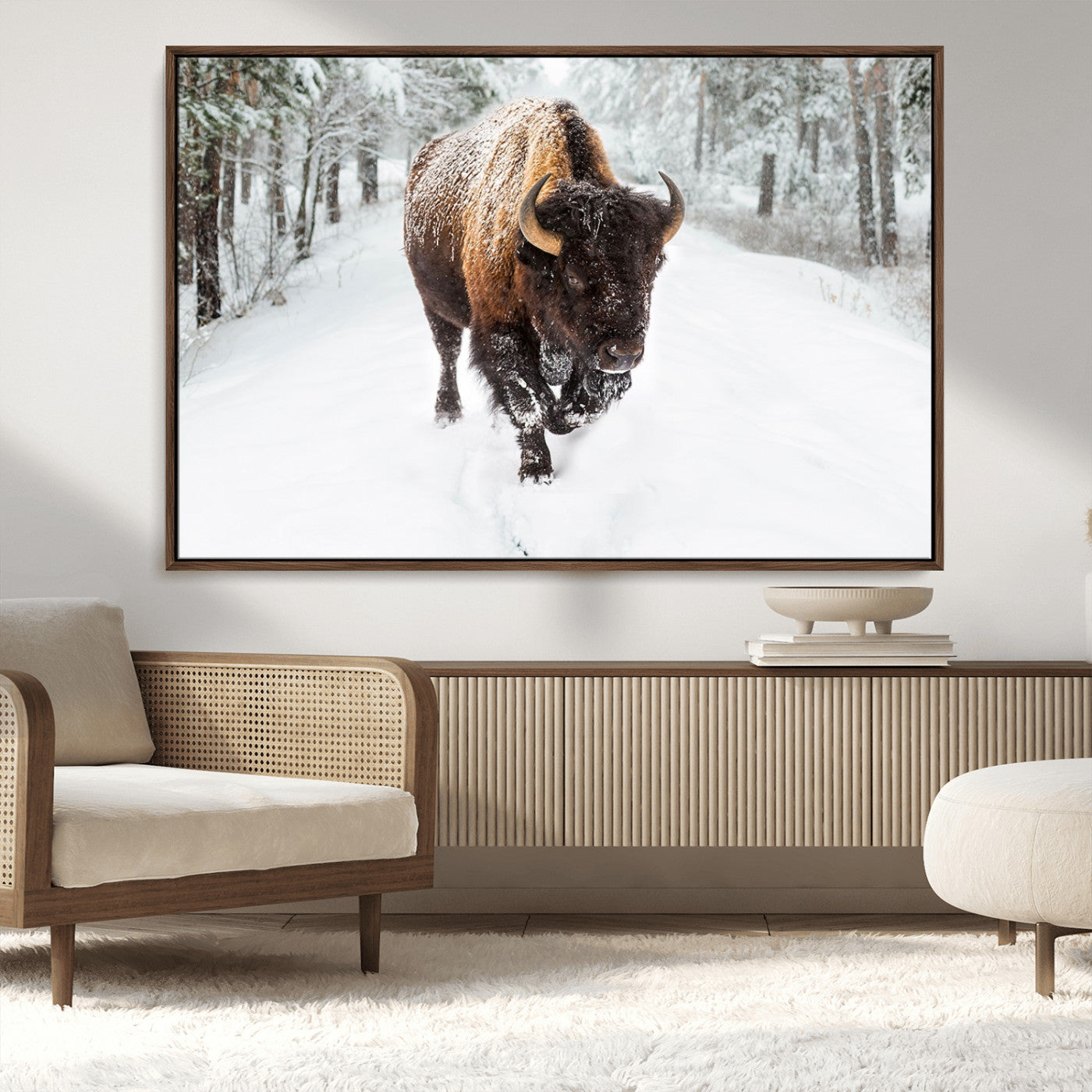 10109-MGV-CV-36X24-Majestic Bison Winter Wall Art – Snowy Forest Buffalo Canvas Print, Rustic Wildlife Photography Decor for Cabin, Lodge, Living
