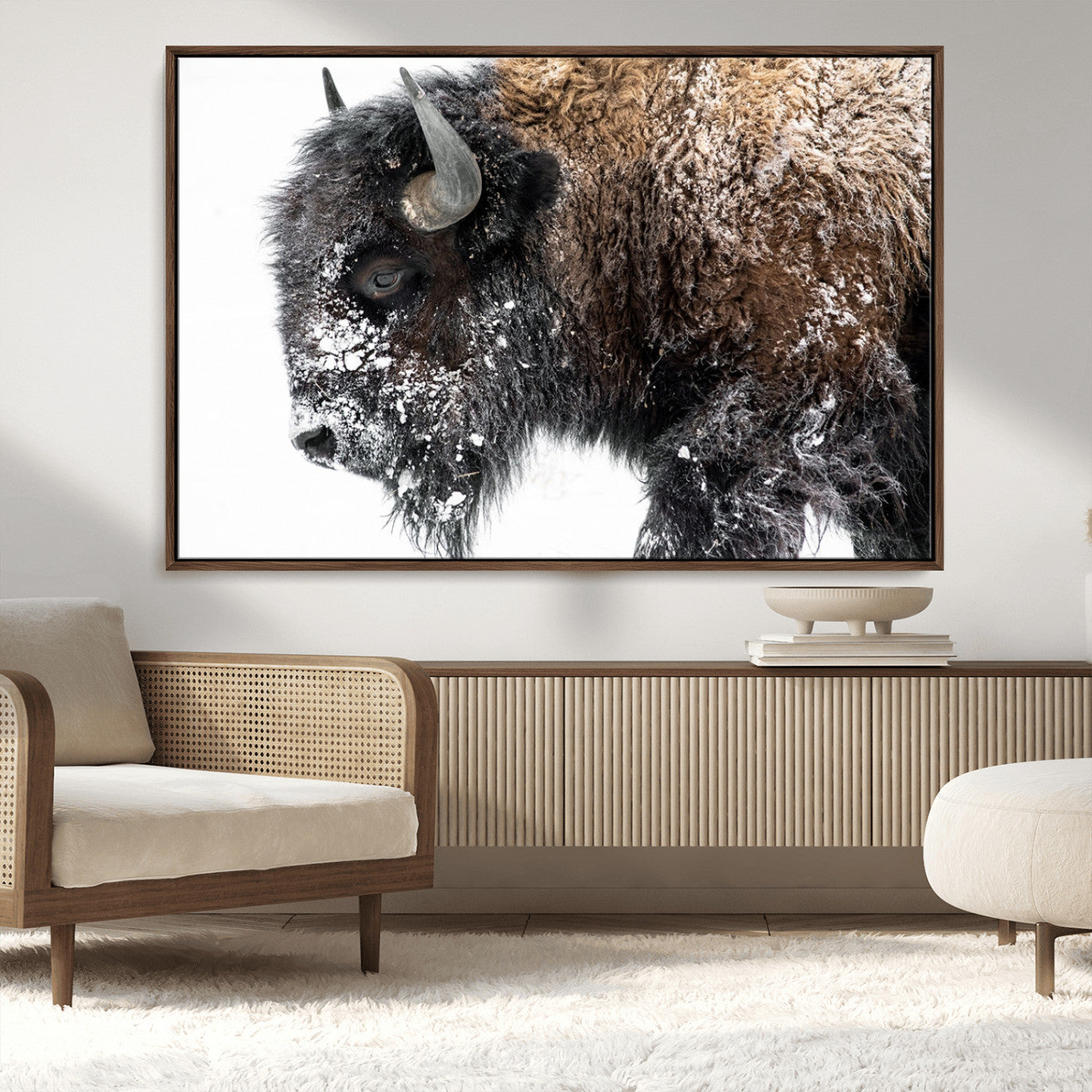 24304-MGV-CV-36X24-Bison Wall Art Canvas Print, Framed Winter Bison Art Picture Print, Snowy Buffalo Perfect Rustic Farmhouse Decor Artwork