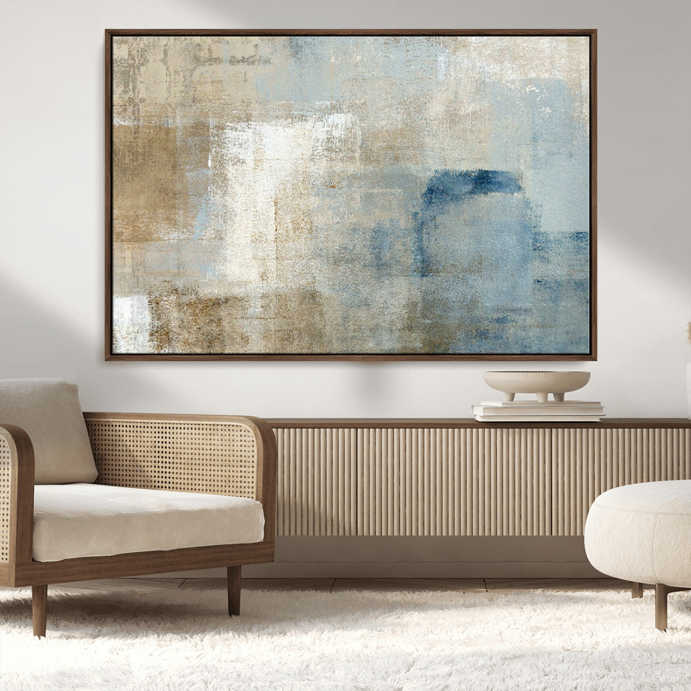 38126-MGV-CV-36X24-Neutral Abstract Wall Art – Modern Beige and Blue Canvas Print and Minimalist Textured Painting for Living Room, Bedroom or Office