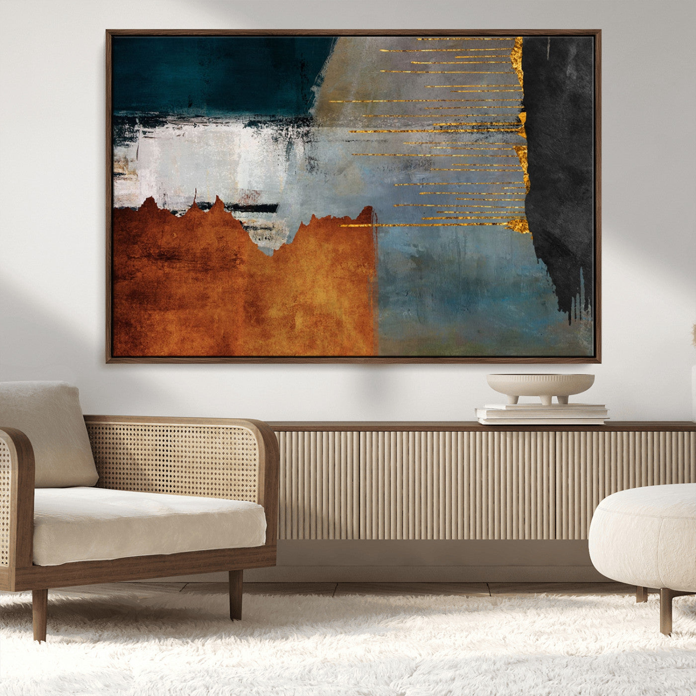 35026-MGV-CV-36X24-Abstract Canvas Wall Art – Modern Teal, Rust, Black and Gold Textured Painting, Contemporary Decor for Living Room, Bedroom