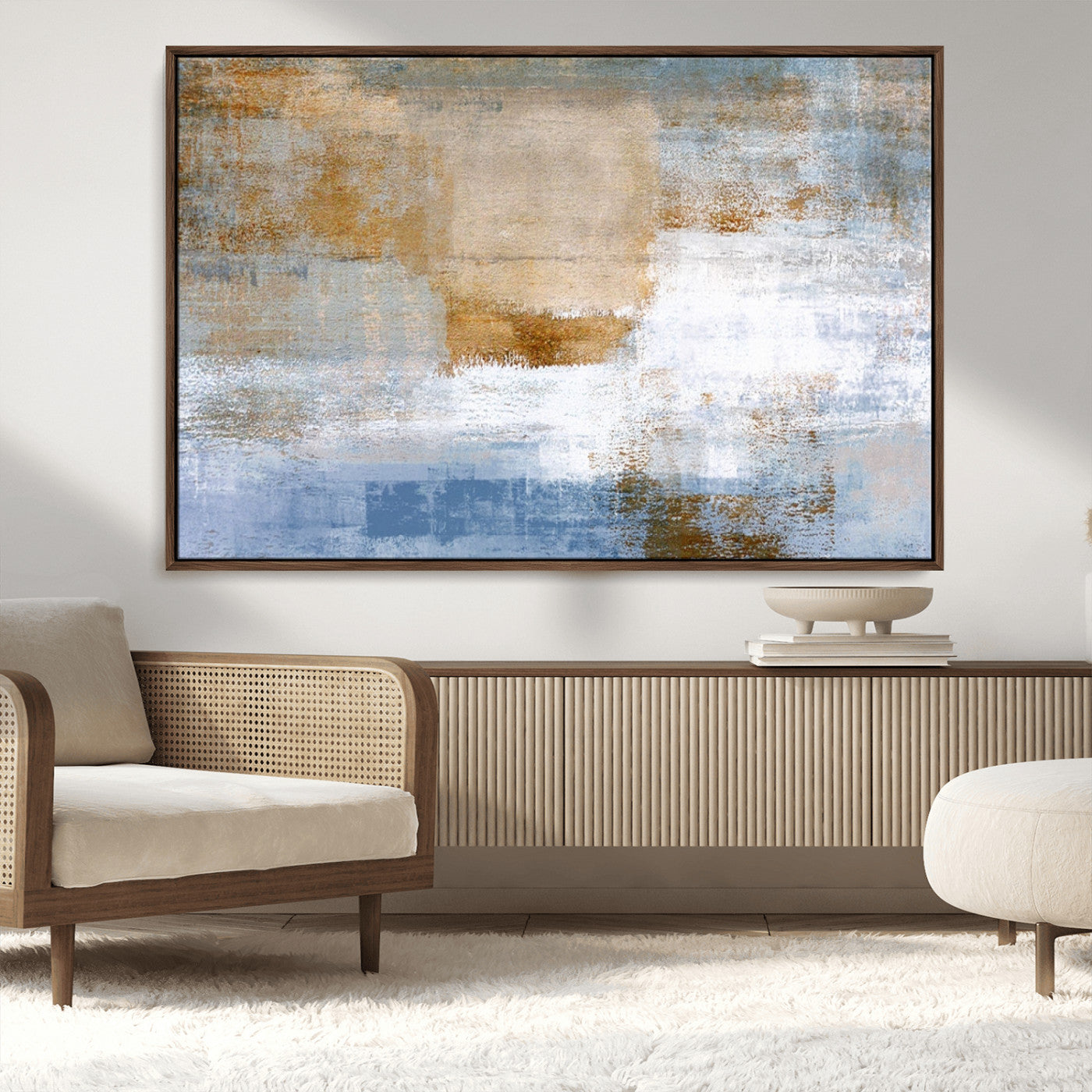 72354-MGV-CV-36X24-Blue and Gold Abstract Wall Art – Modern Minimalist Canvas Print, Textured Contemporary Painting for Living Room, Bedroom, or