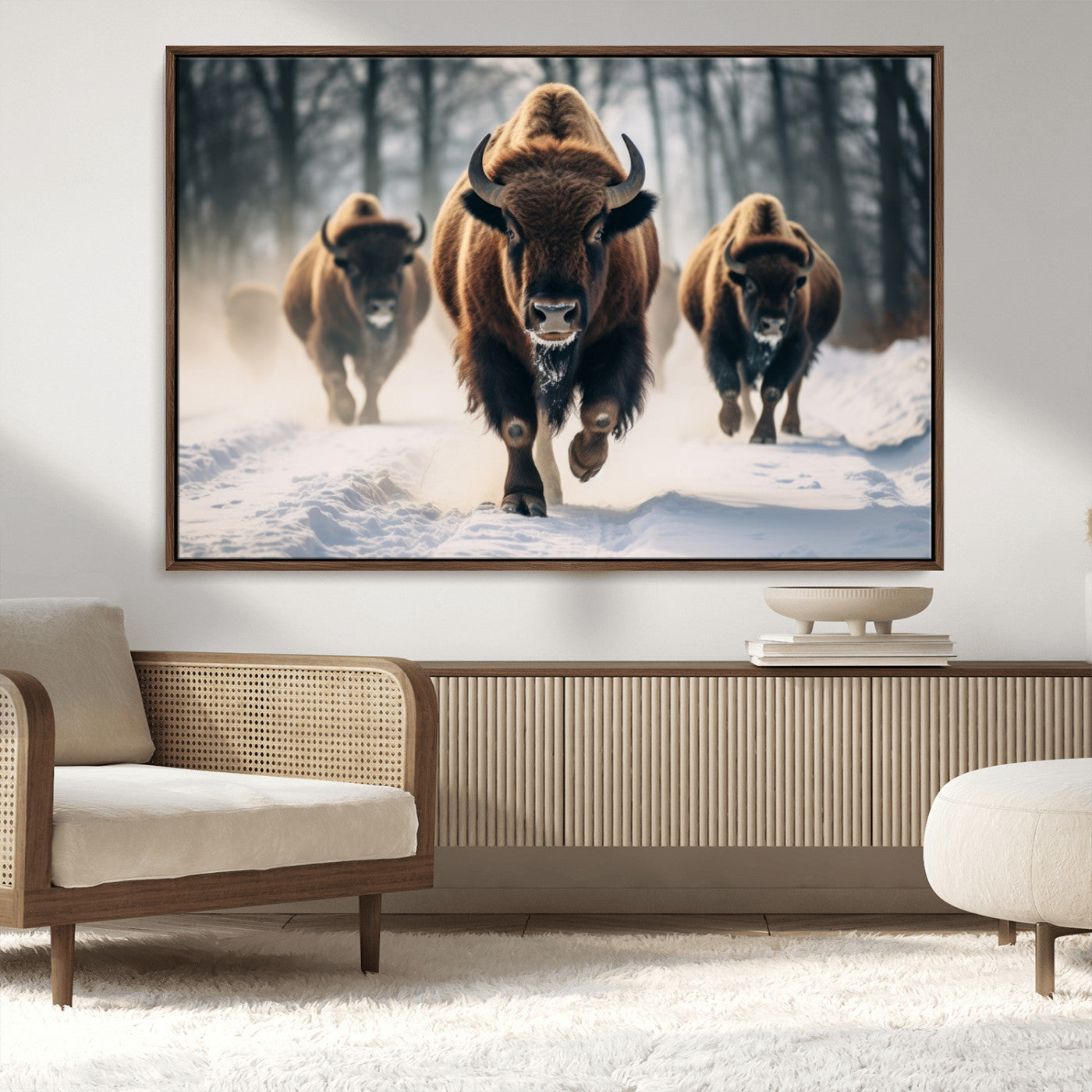 56549-MGV-CV-36X24-Wild Bison Wall Art – Majestic Buffalo Herd Running in Snow Canvas Print, Rustic Wildlife Photography Decor for Cabin, Lodge, or
