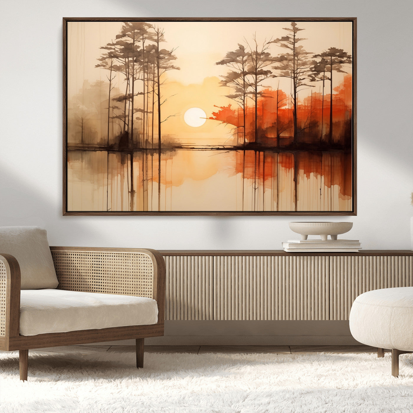 51083-MGV-FC-36X24_Walnut-Sunset Lake Forest Wall Art – Serene Trees and Orange Sky Reflection Canvas Print, Tranquil Nature Decor for Living Room, Office