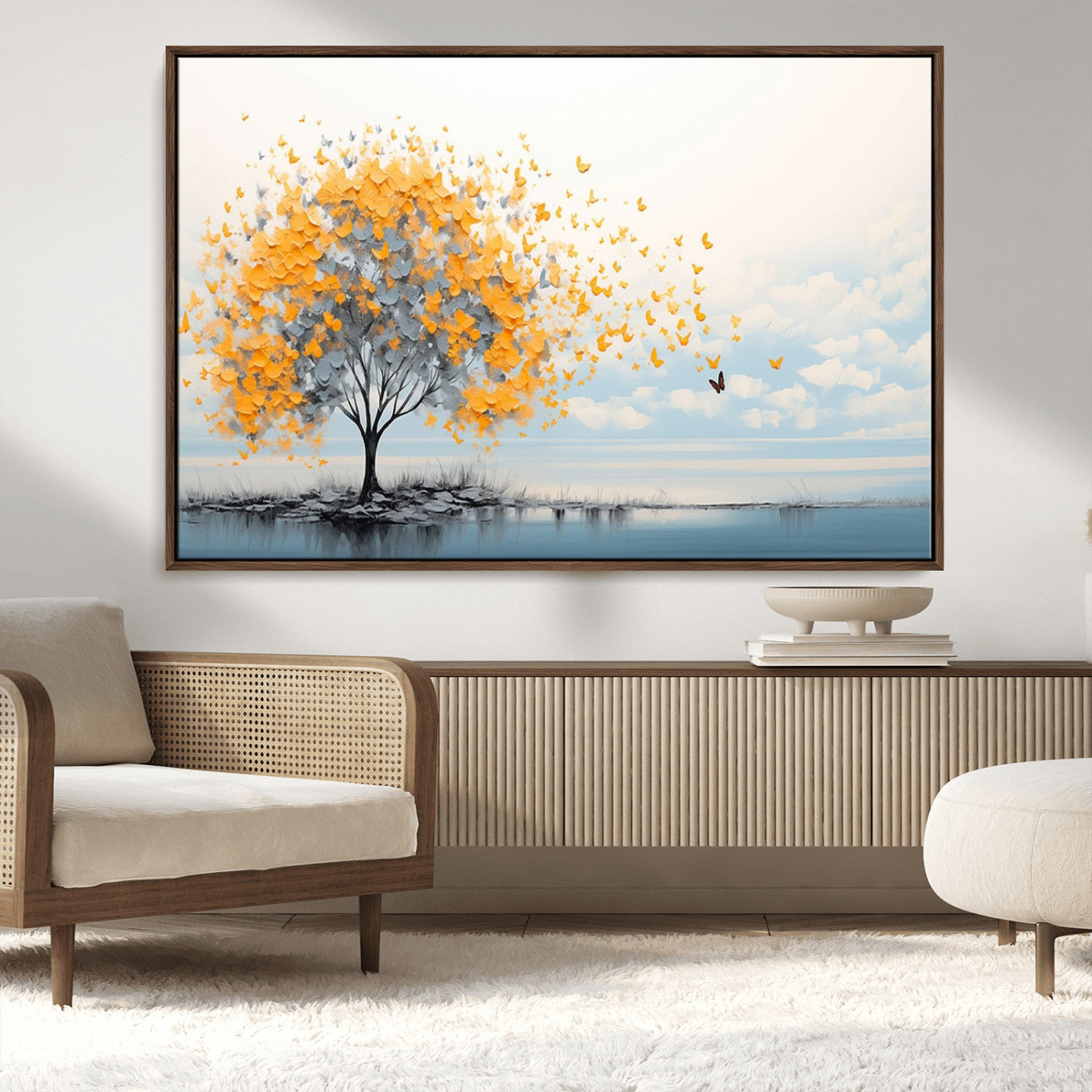 23385-MGV-CV-36X24-Golden Butterfly Tree Wall Art – Abstract Yellow and Gray Canvas Print, Modern Nature Artwork for Living Room, Bedroom or Office
