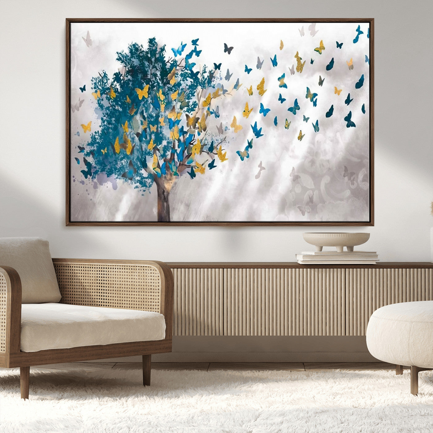 37564-MGV-CV-36X24-Butterfly Tree Wall Art – Modern Nature Canvas Print with Blue and Golden Butterflies, Elegant Decorative Painting for Living Room