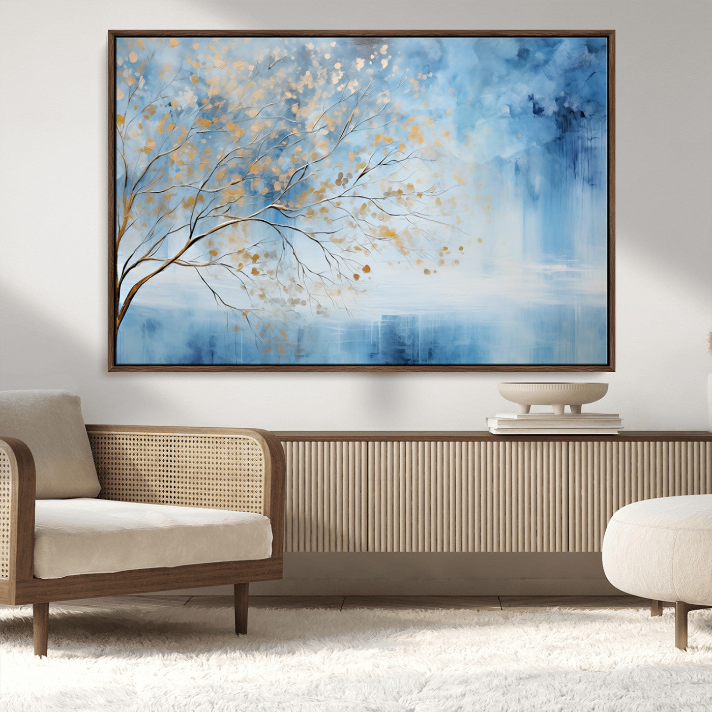 23891-MGV-CV-36X24-Abstract Tree Wall Art – Minimalist Blue and Gold Canvas Painting, Elegant Nature-Inspired Artwork for Living Room, Bedroom or