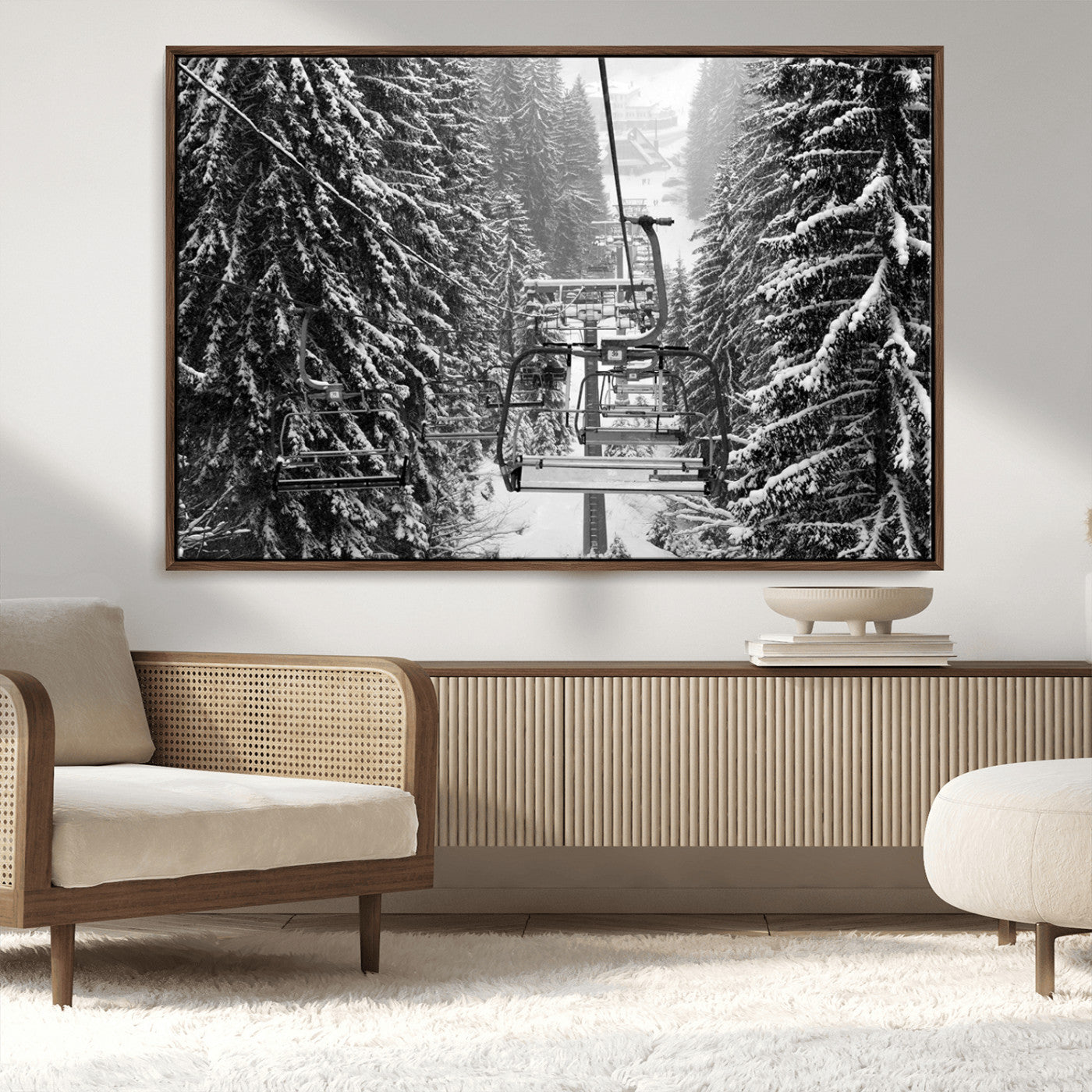 19240-MGV-CV-36X24-Ski Lift Wall Art – Black and White Winter Mountain Canvas Print, Snowy Forest Ski Resort Photography for Cabin, Lodge, Office or