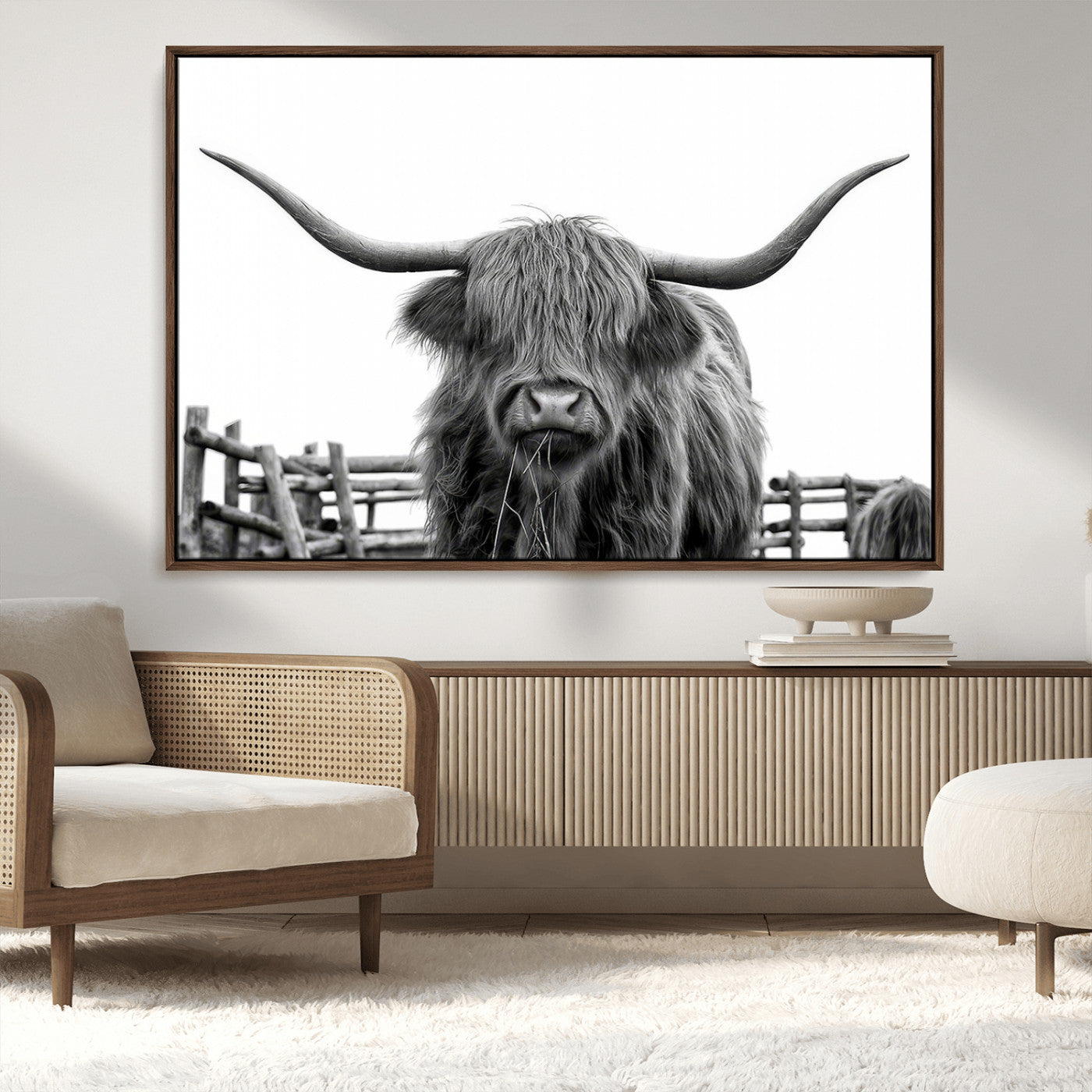 58188-MGV-FC-36X24_Walnut-Highland Cow Wall Art – Black and White Rustic Farmhouse Canvas Print, Longhorn Cattle Photography Decor for Living Room or