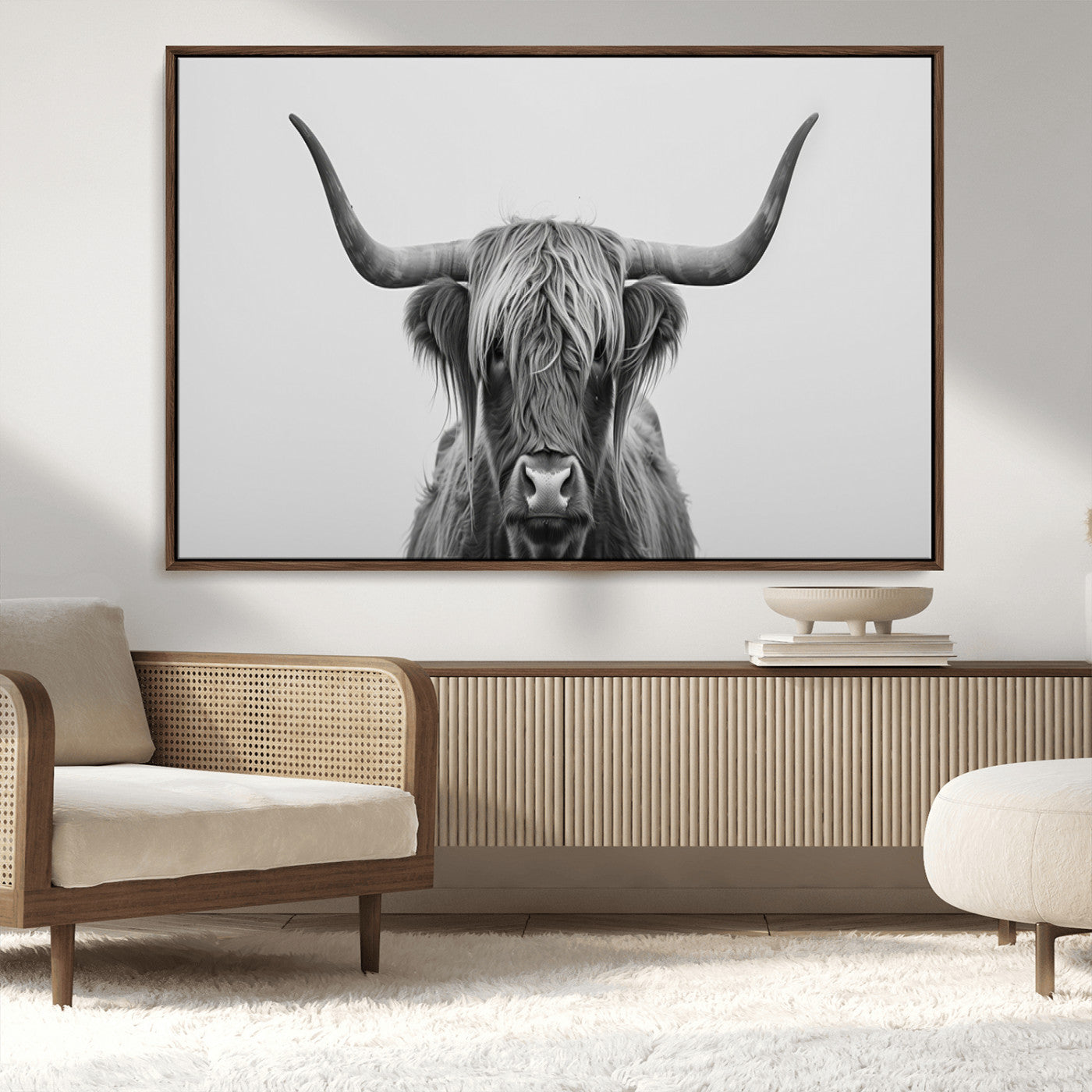 35820-MGV-CV-36X24-Minimalist Highland Cow Wall Art – Black and White Longhorn Cattle Canvas Print, Modern Farmhouse Animal Photography Decor for