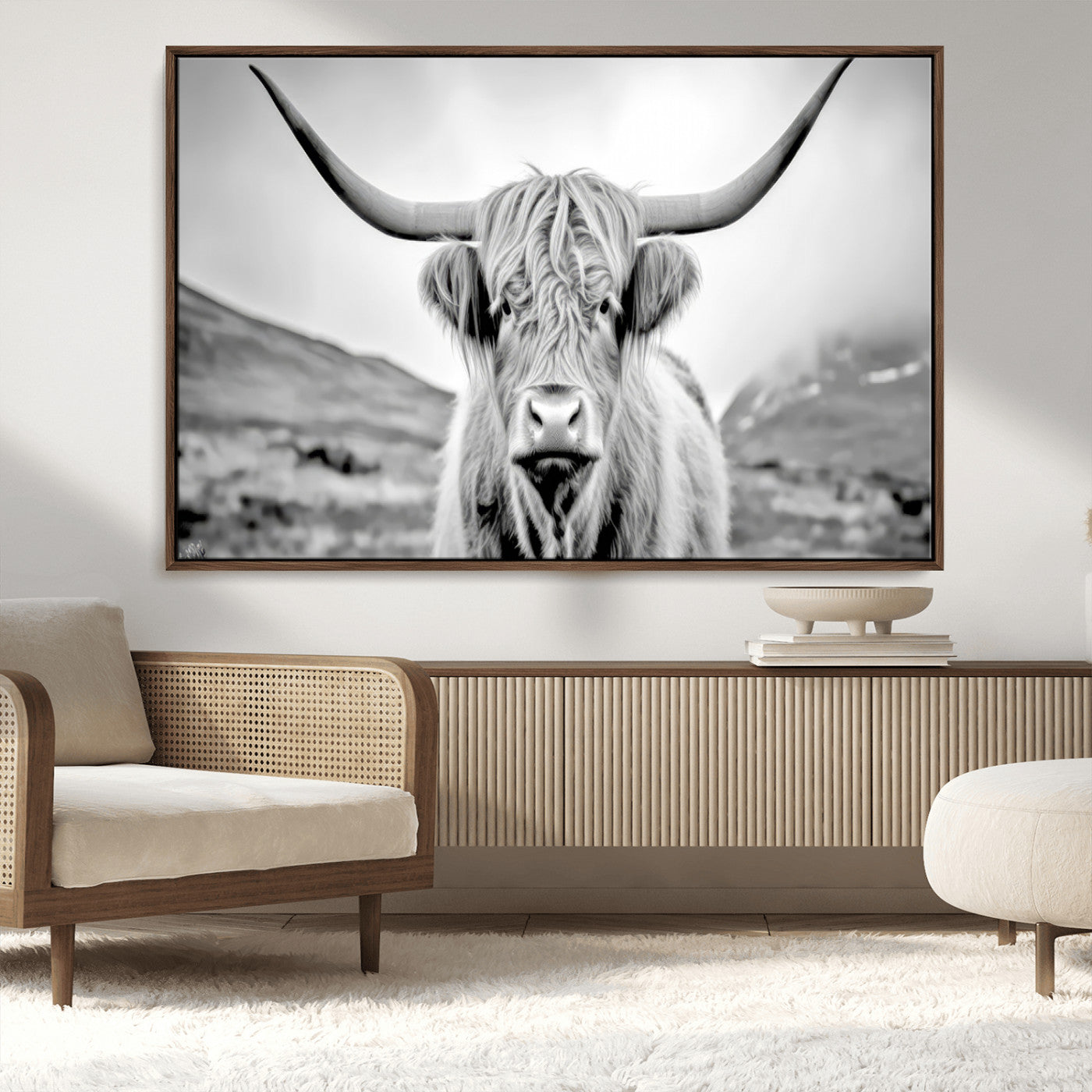 80564-MGV-CV-36X24-Highland Cow Wall Art – Black and White Scottish Highland Canvas Print, Rustic Farmhouse Decor for Living Room, Bedroom or Office