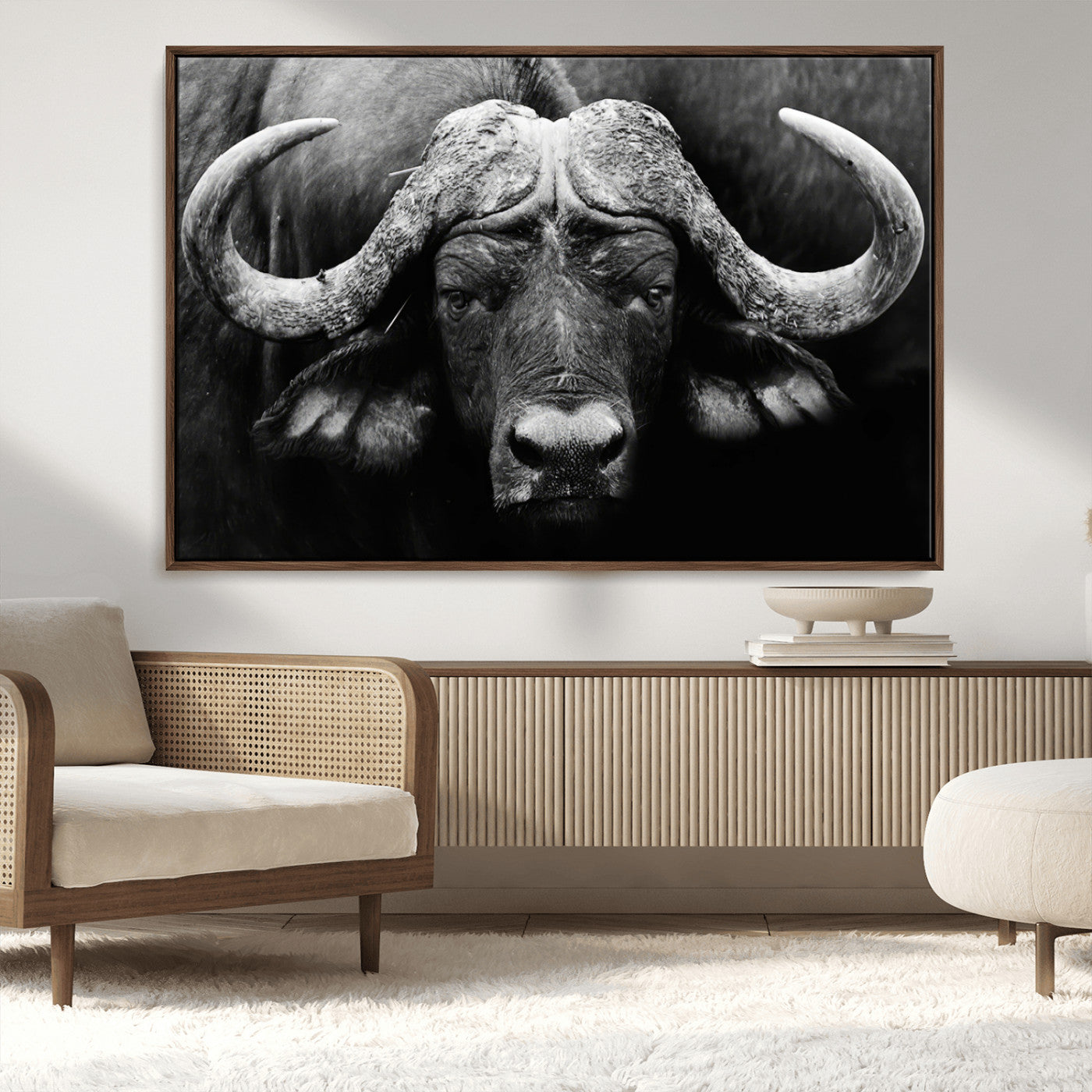 75273-MGV-CV-36X24-Buffalo Wall Art – Black and White African Buffalo Canvas Print, Rustic Wildlife Animal Artwork for Farmhouse, Living Room,