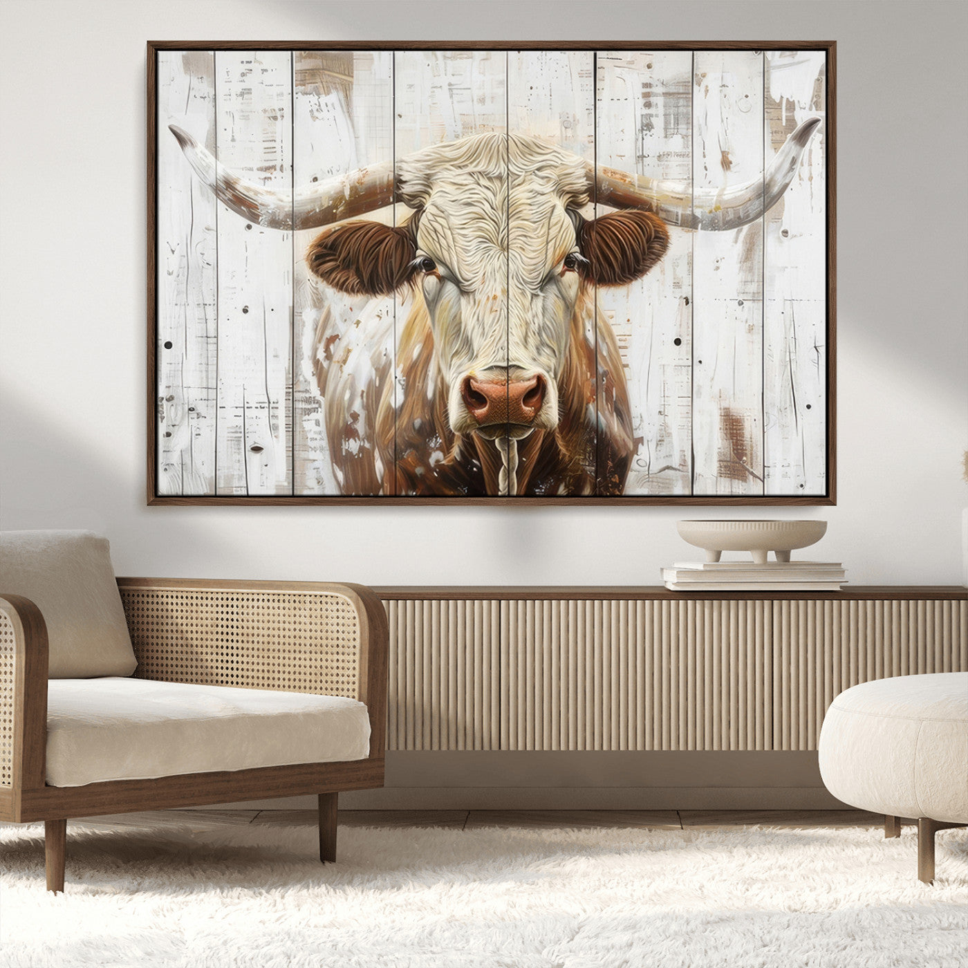 71551-MGV-CV-36X24-Longhorn Bull Wall Art – Rustic Western Cow Canvas Print, Farmhouse Animal Painting with Wood Plank Style for Living Room, Office