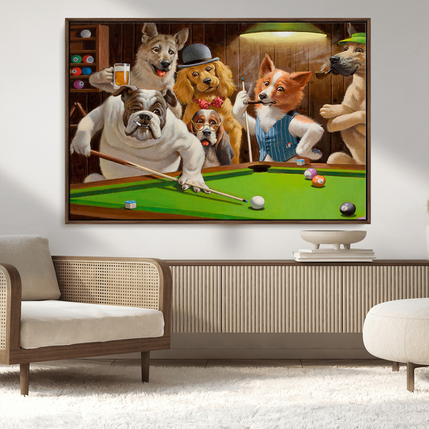 34228-MGV-CV-36X24-Dogs Playing Pool Wall Art Canvas Print, Framed Funny Dog Art Picture Print, Dog Perfect Game Room Decor Artwork
