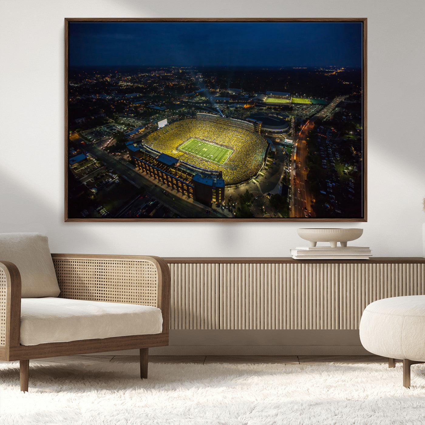 33588-MGV-CV-36X24-Football Stadium Wall Art – Aerial Night Game Canvas Print Packed Field City Lights, Sports Photography Decor for Game Room, Man