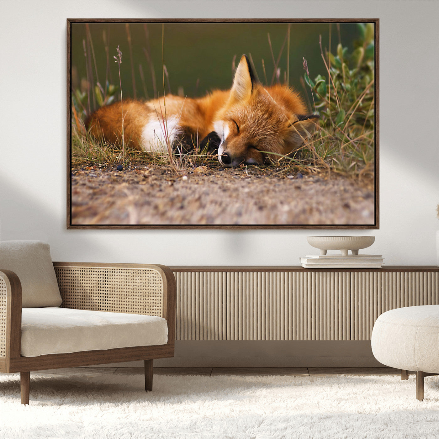 25085-MGV-CV-36X24-Sleeping Fox Wall Art Canvas Print, Framed Rustic Fox Art Picture Print, Wildlife Animal Perfect Rustic Farmhouse Decor Artwork