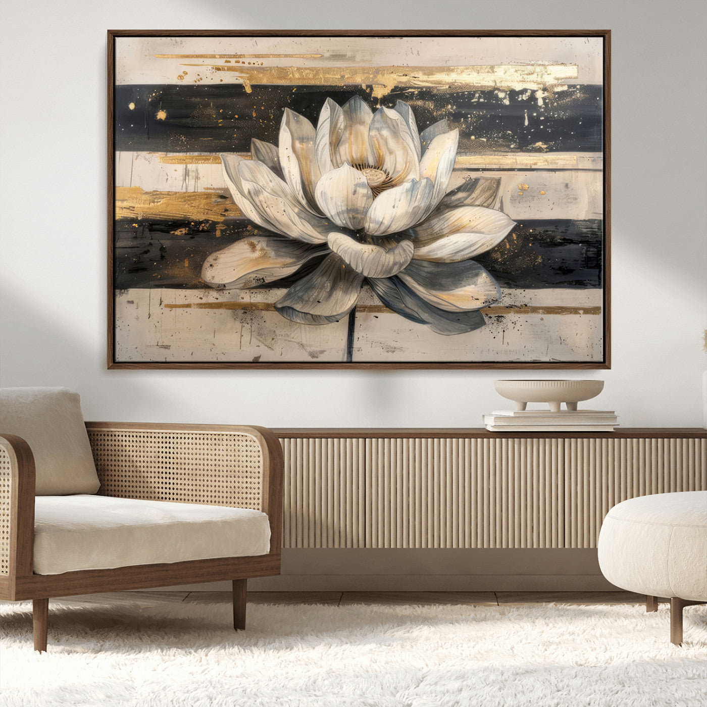 18807-MGV-CV-36X24-Lotus Flower Wall Art Canvas Print, Framed Abstract Lotus Art Picture Print, White Lotus Flower Perfect Abstract Floral Decor