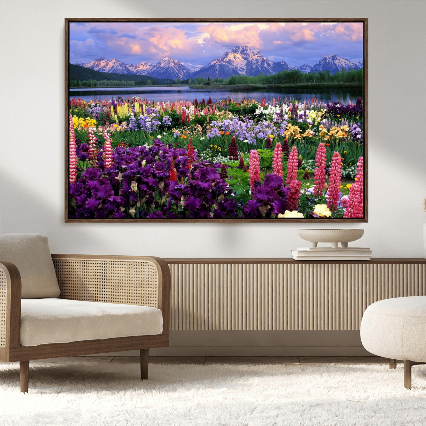 82270-MGV-CV-36X24-Colorful Wildflower Meadow Landscape Wall Art – Snow-Capped Mountain Lake Sunset Print, Vibrant Nature Artwork for Living Room,