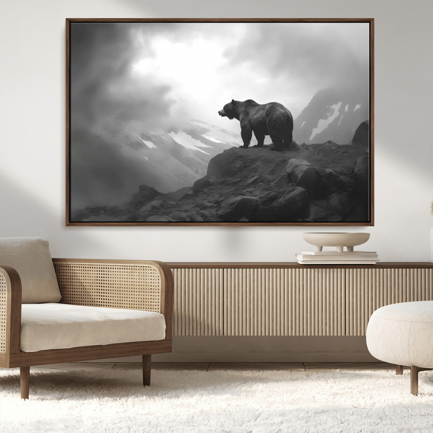 49504-MGV-FC-36X24_Walnut-Black and White Grizzly Bear Wall Art – Wilderness Wildlife Painting, Rustic Mountain Cabin Decor, Monochrome Animal Print for