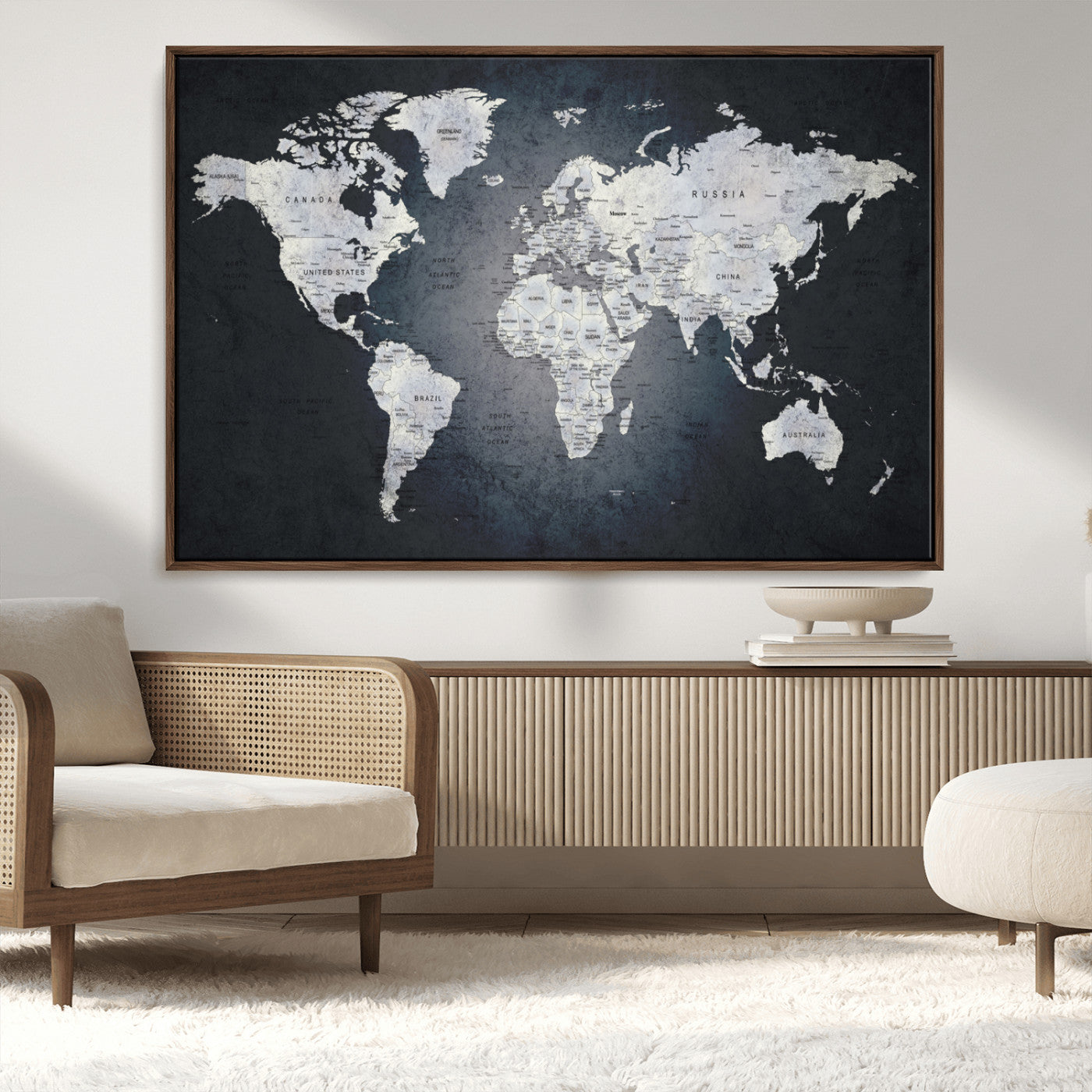 19124-MGV-CV-36X24-Modern World Map Wall Art – Black and White Canvas Print, Minimalist Global Map Decor for Office, Study, Bedroom or Living Room