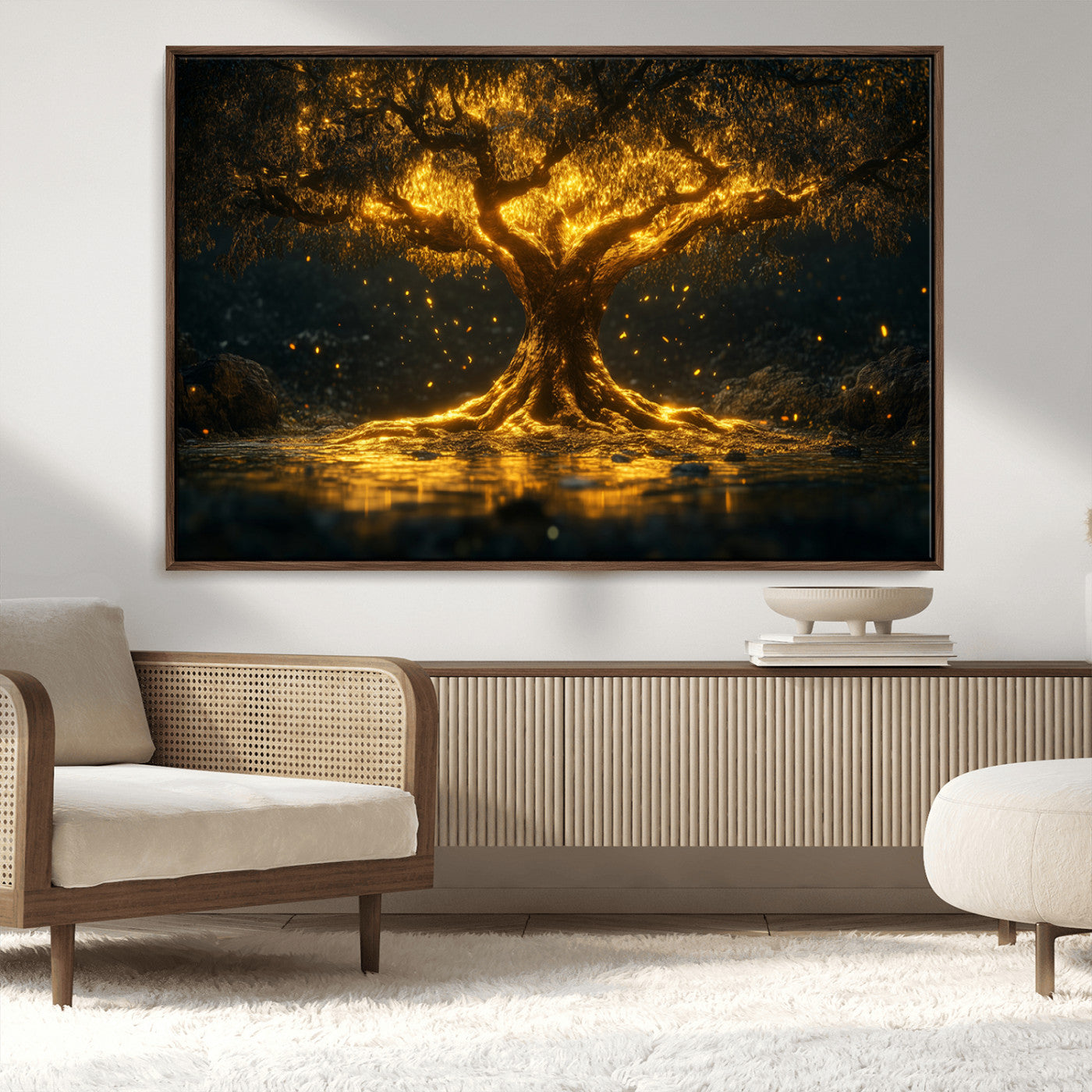 59580-MGV-CV-36X24-Glowing Tree Wall Art – Golden Fantasy Nature Canvas Print, Mystical Illuminated Tree Painting Poster for Living Room, Bedroom,