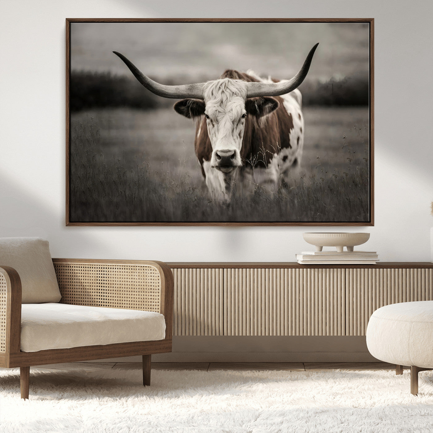 69238-MGV-CV-36X24-Longhorn Bull Wall Art – Rustic Black and White Texas Cattle Canvas Print, Western Farmhouse Animal Photography for Living Room,