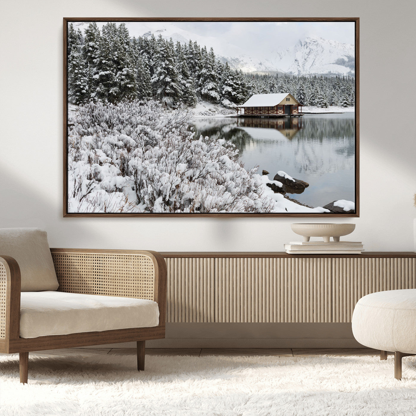 29975-MGV-CV-36X24-Winter Cabin by the Lake Wall Art – Snowy Mountain Landscape Canvas Print, Rustic Lodge Cabin Decor for Cozy Living Room, Bedroom