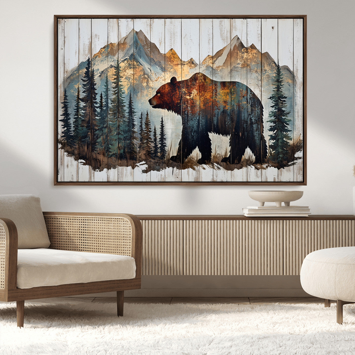 55777-MGV-CV-36X24-Rustic Bear Wall Art Canvas Print, Framed Mountain and Forest Art Picture Print, Wooden Bear Perfect Rustic Lodge Decor Artwork