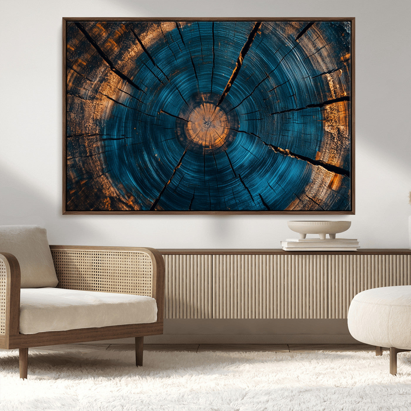 13398-MGV-CV-36X24-Tree Ring Wall Art – Abstract Wood Grain Canvas Print with Blue and Orange Accents, Rustic Nature Inspired Artwork for Living