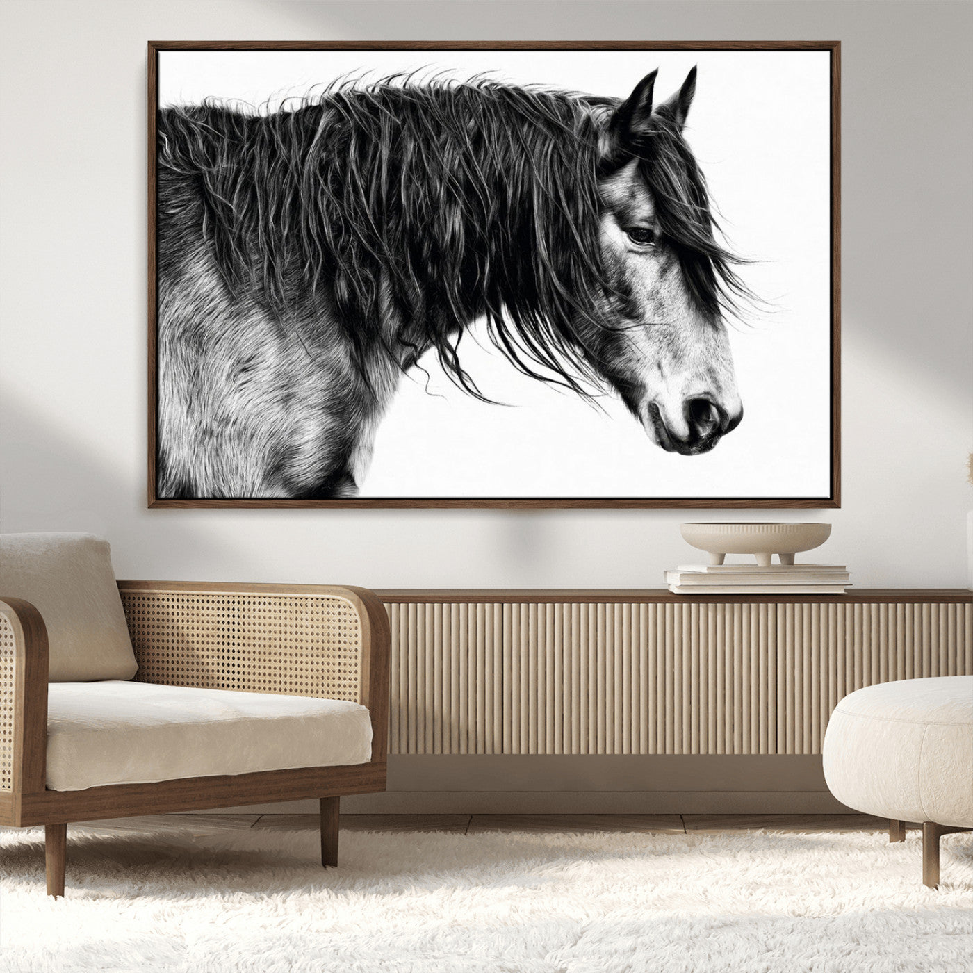 57694-MGV-CV-36X24-Horse Portrait Wall Art – Black and White Canvas Print with Detailed Stallion Profile, Rustic Farmhouse Equestrian Artwork for