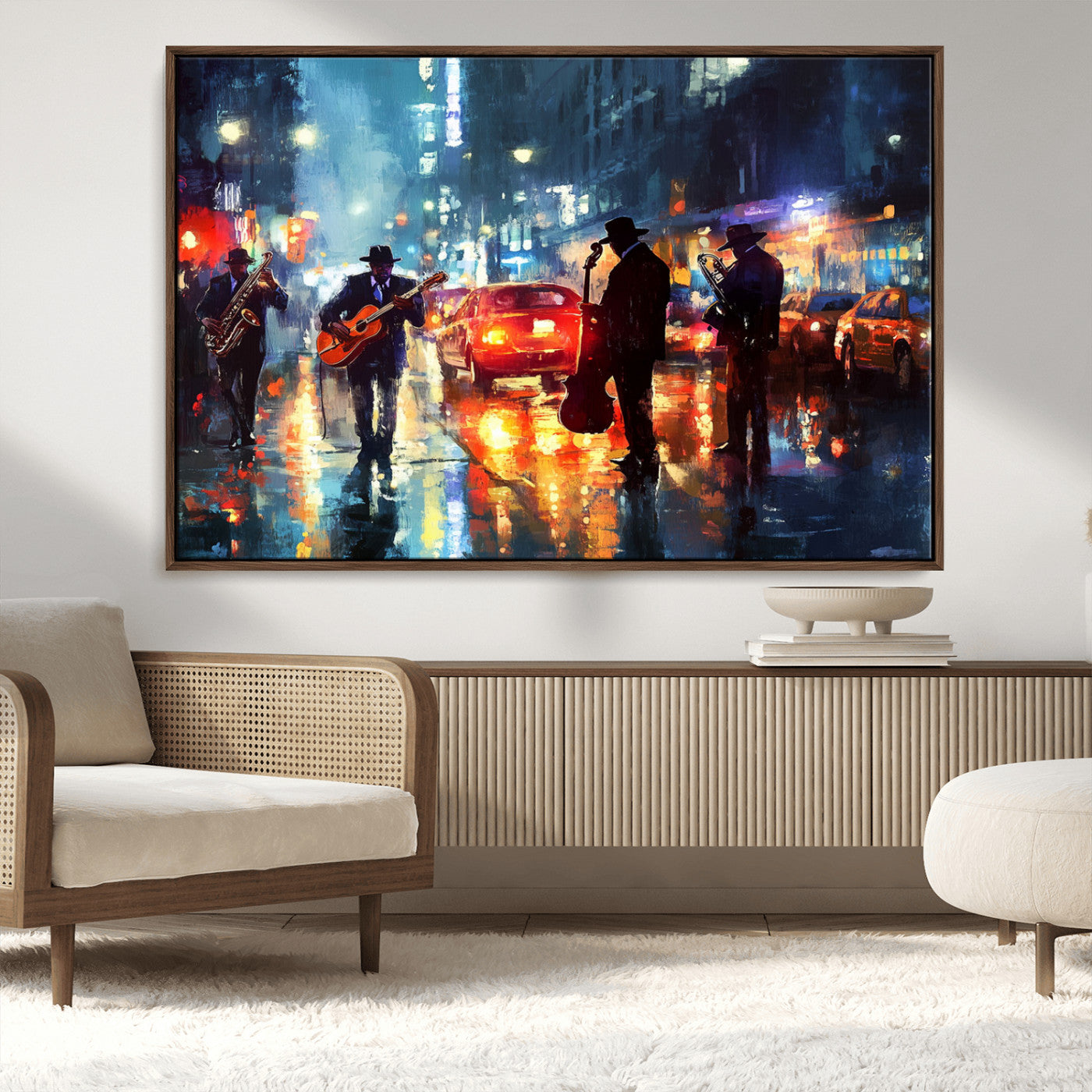 94605-MGV-CV-36X24-City Jazz Night Wall Art – Vibrant Music Canvas Print Featuring Saxophone, Guitar and Bass Players, Urban Street Scene Artwork for